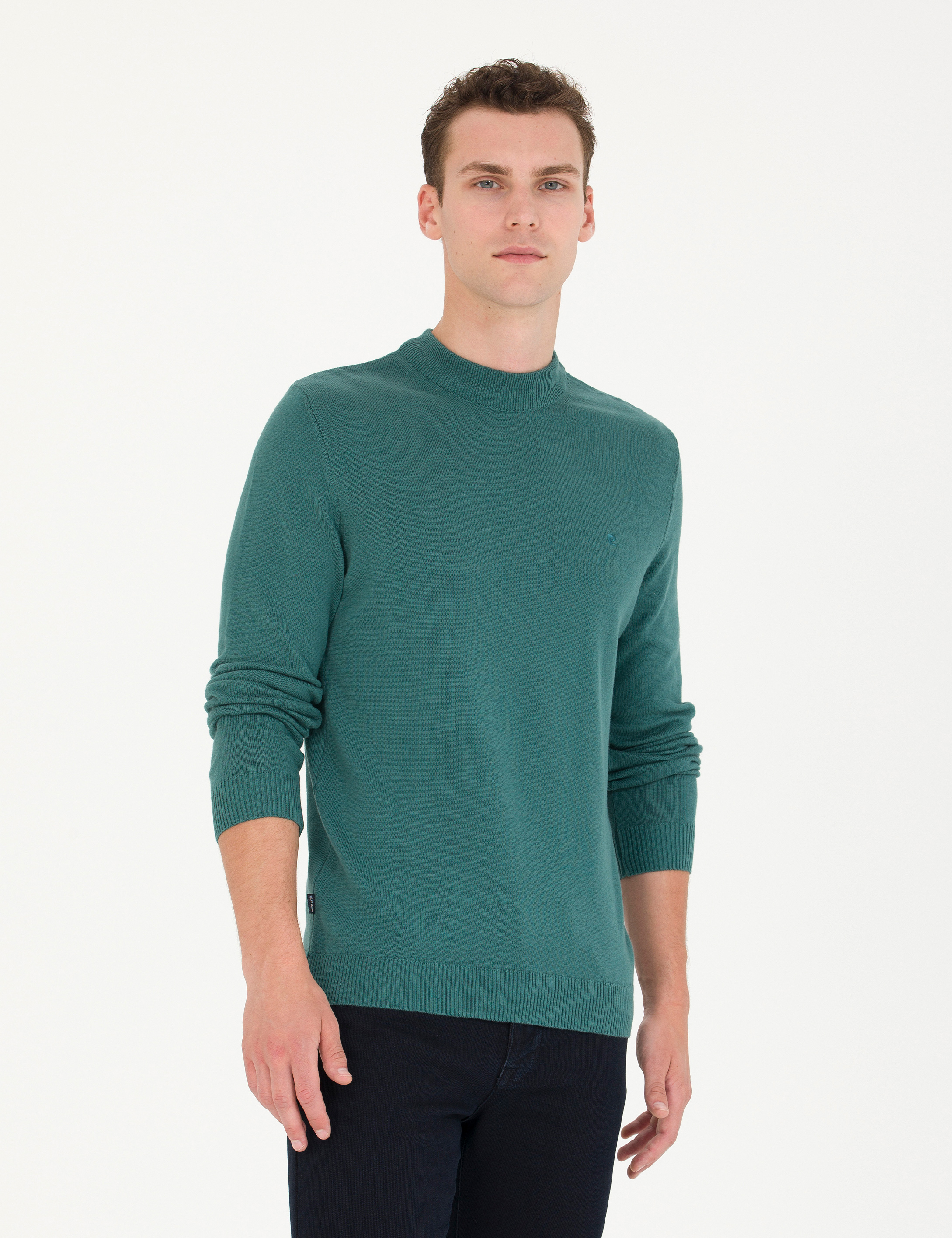 Yeşil Slim Fit Çeyrek Yaka Basic Triko Kazak