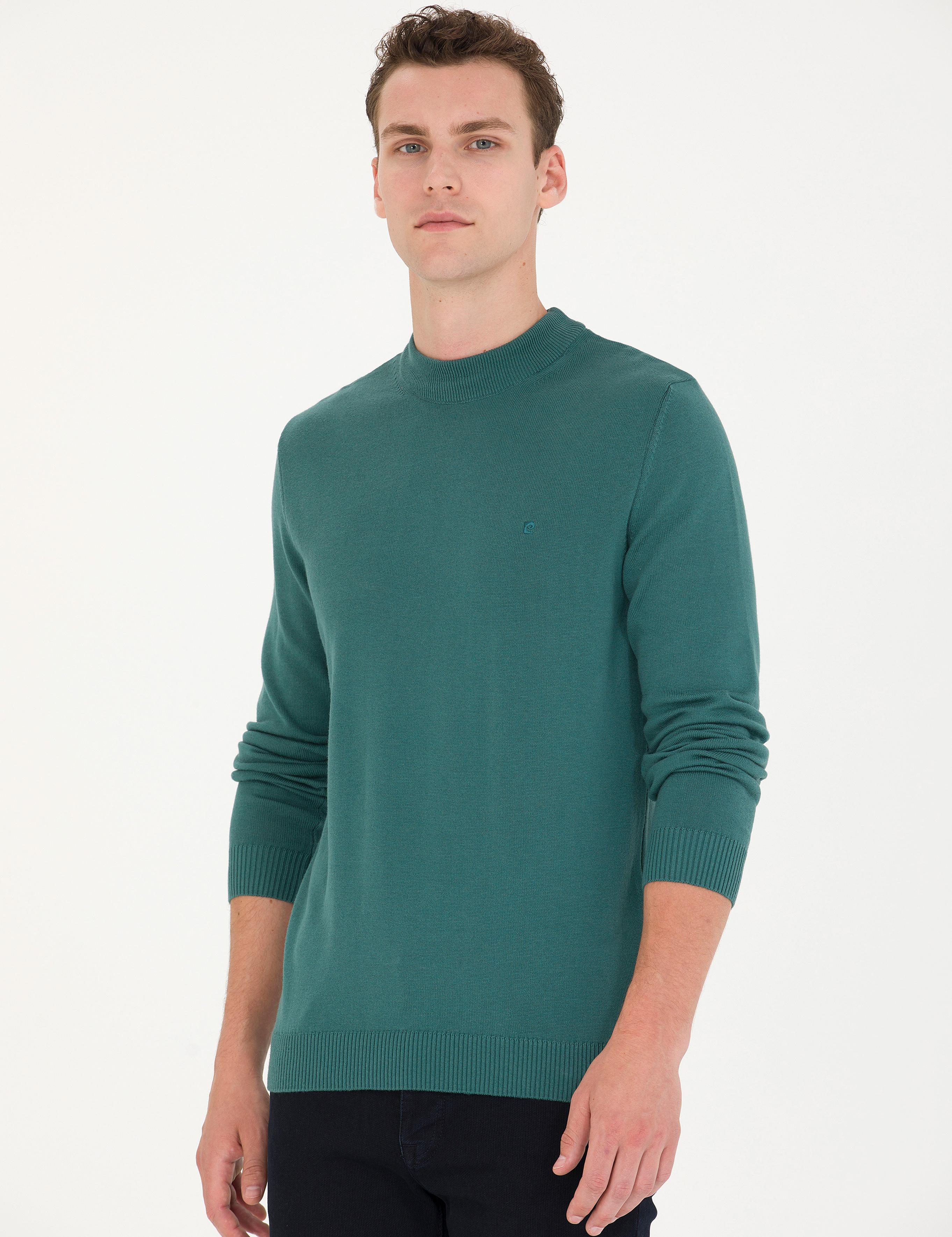 Yeşil Slim Fit Çeyrek Yaka Basic Triko Kazak