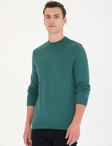 Yeşil Slim Fit Çeyrek Yaka Basic Triko Kazak