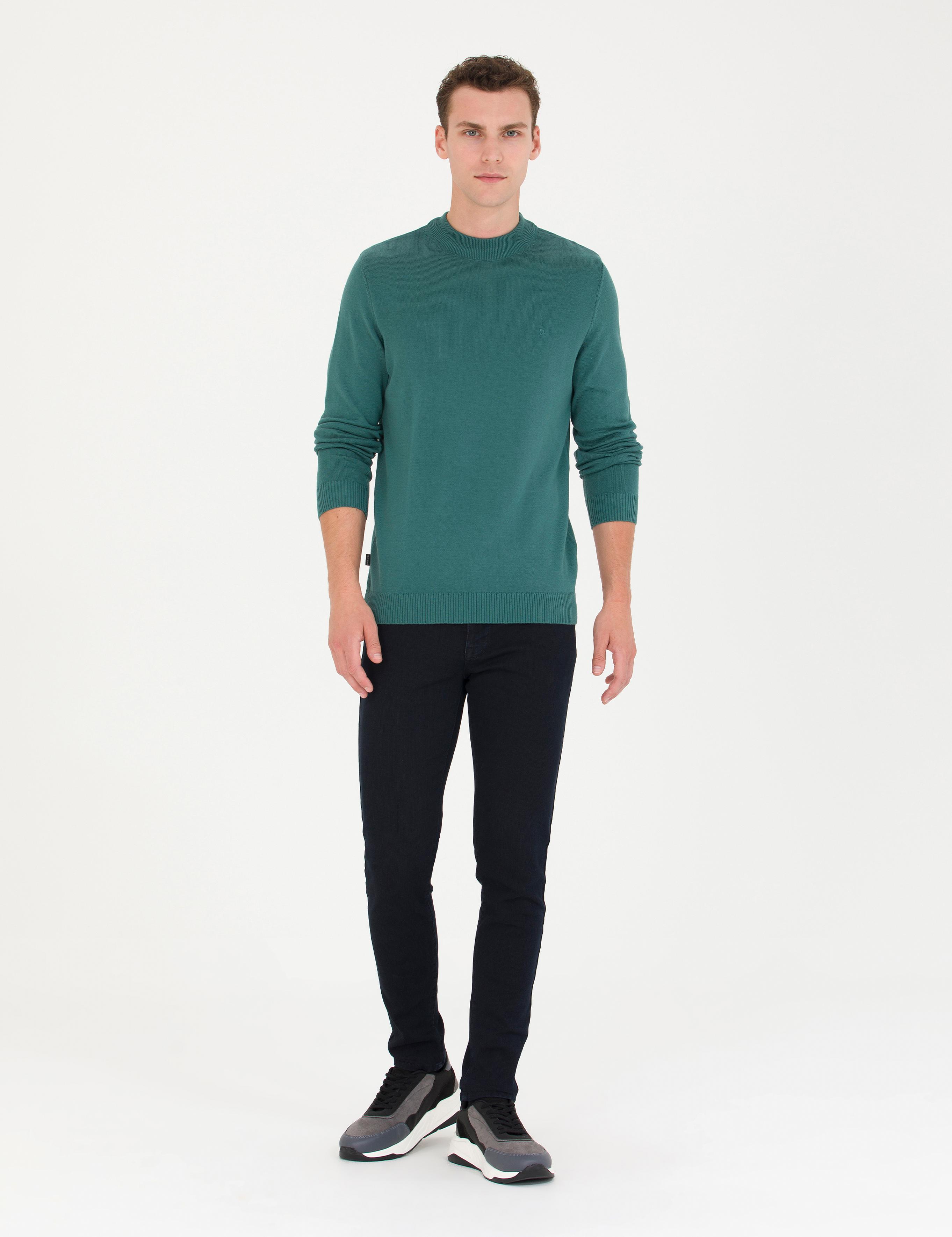 Yeşil Slim Fit Çeyrek Yaka Basic Triko Kazak