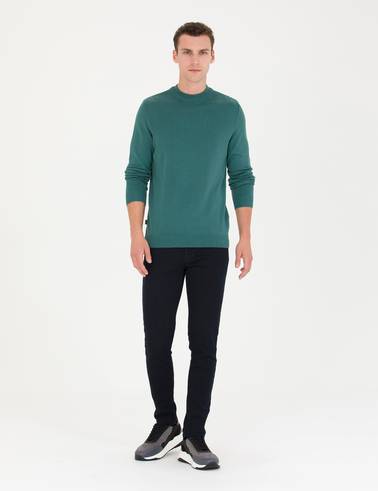 Yeşil Slim Fit Çeyrek Yaka Basic Triko Kazak
