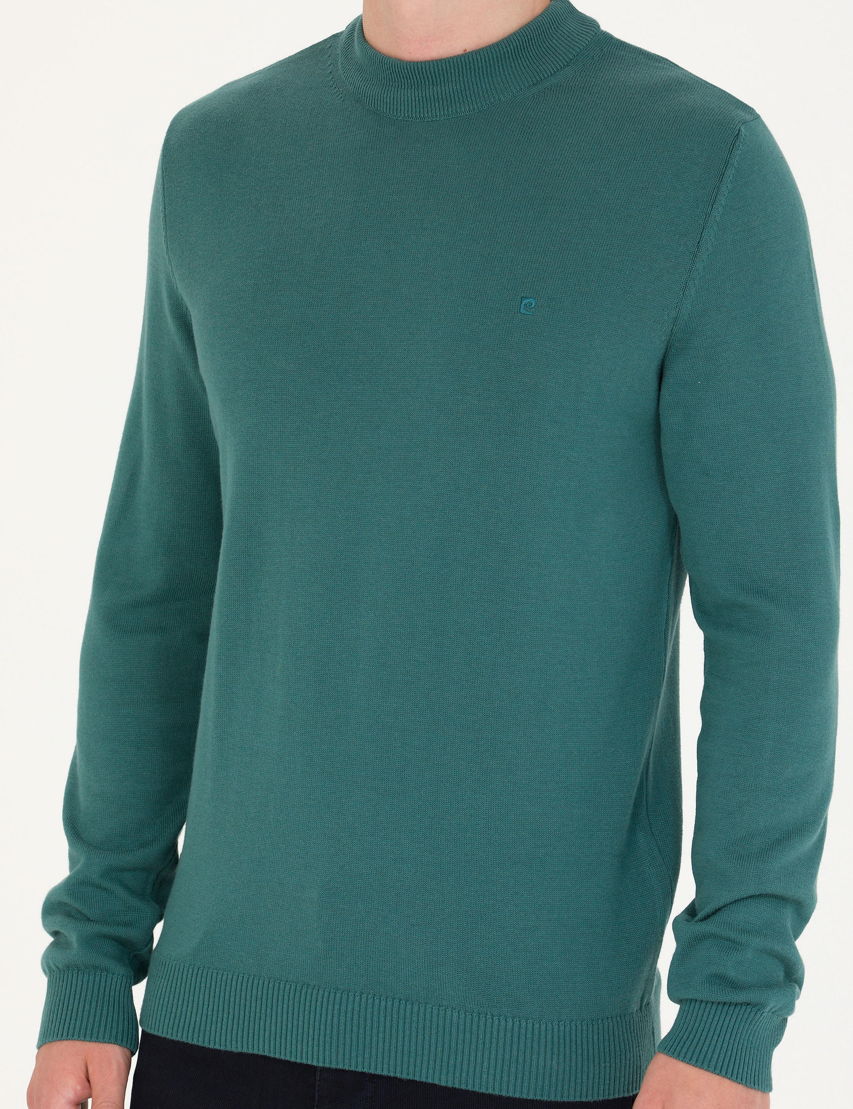 Yeşil Slim Fit Çeyrek Yaka Basic Triko Kazak