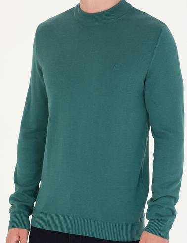 Yeşil Slim Fit Çeyrek Yaka Basic Triko Kazak