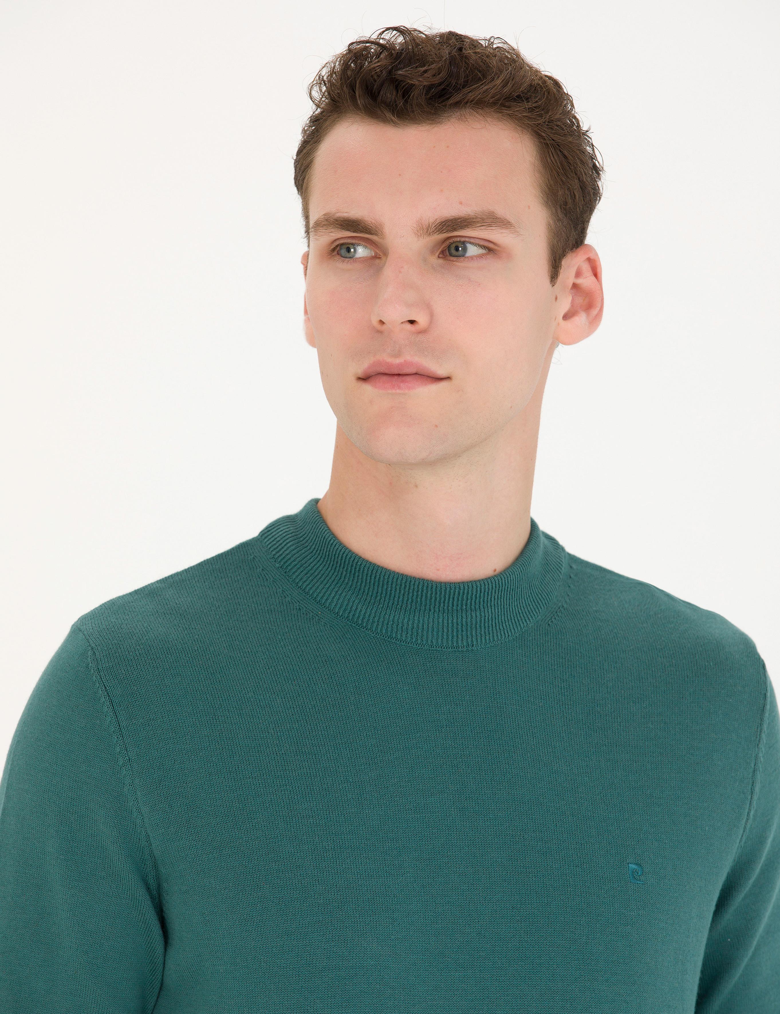 Yeşil Slim Fit Çeyrek Yaka Basic Triko Kazak