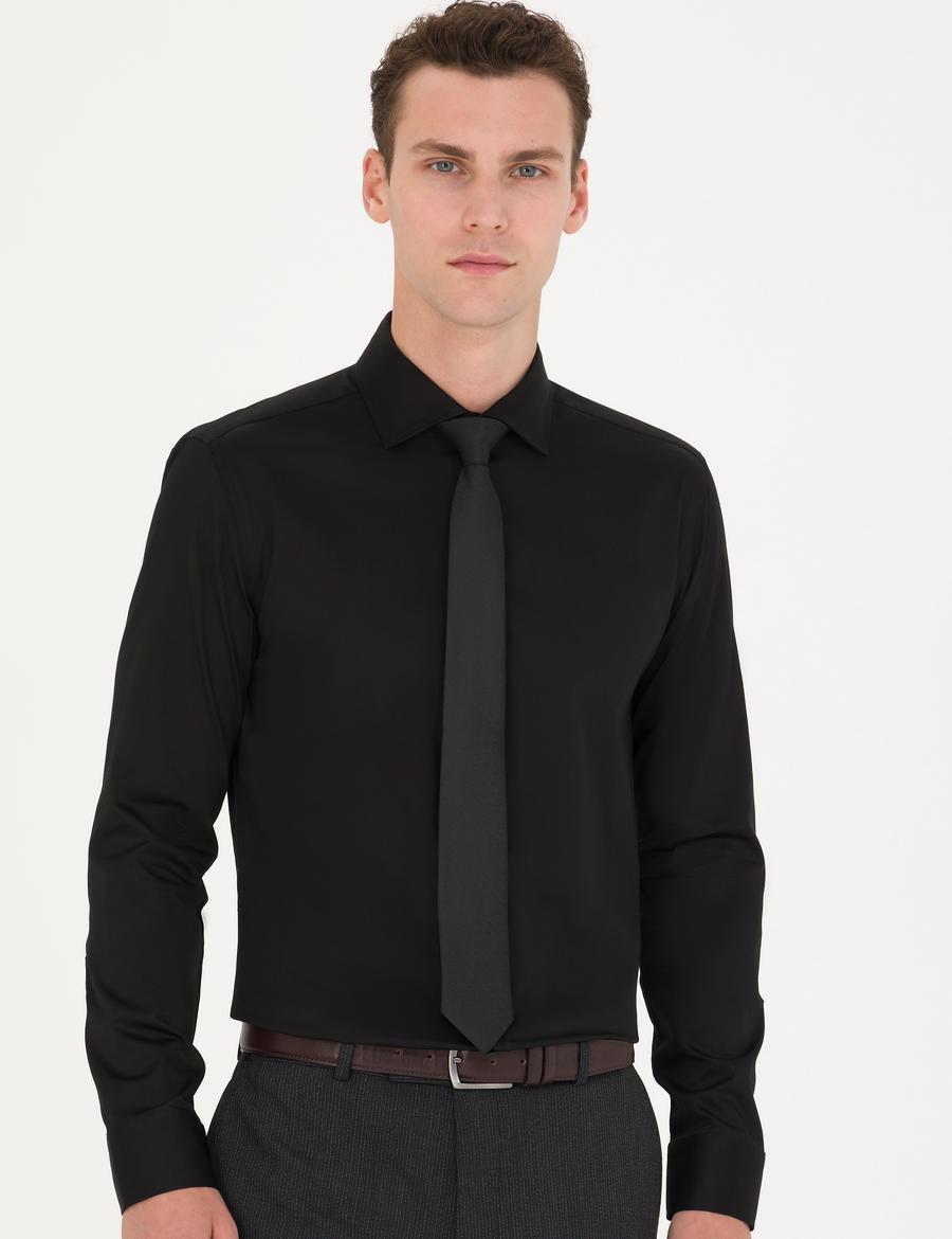Siyah Likralı Kolay Ütülenebilir Ex. Slim Fit Basic Gömlek