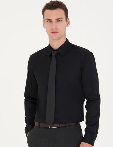 Siyah %100 Pamuk Parlak Saten Slim Fit Uzun Kollu Basic Gömlek