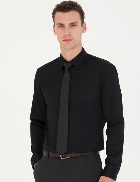 Siyah Parlak Saten Slim Fit Uzun Kollu Basic Gömlek - 50277147026