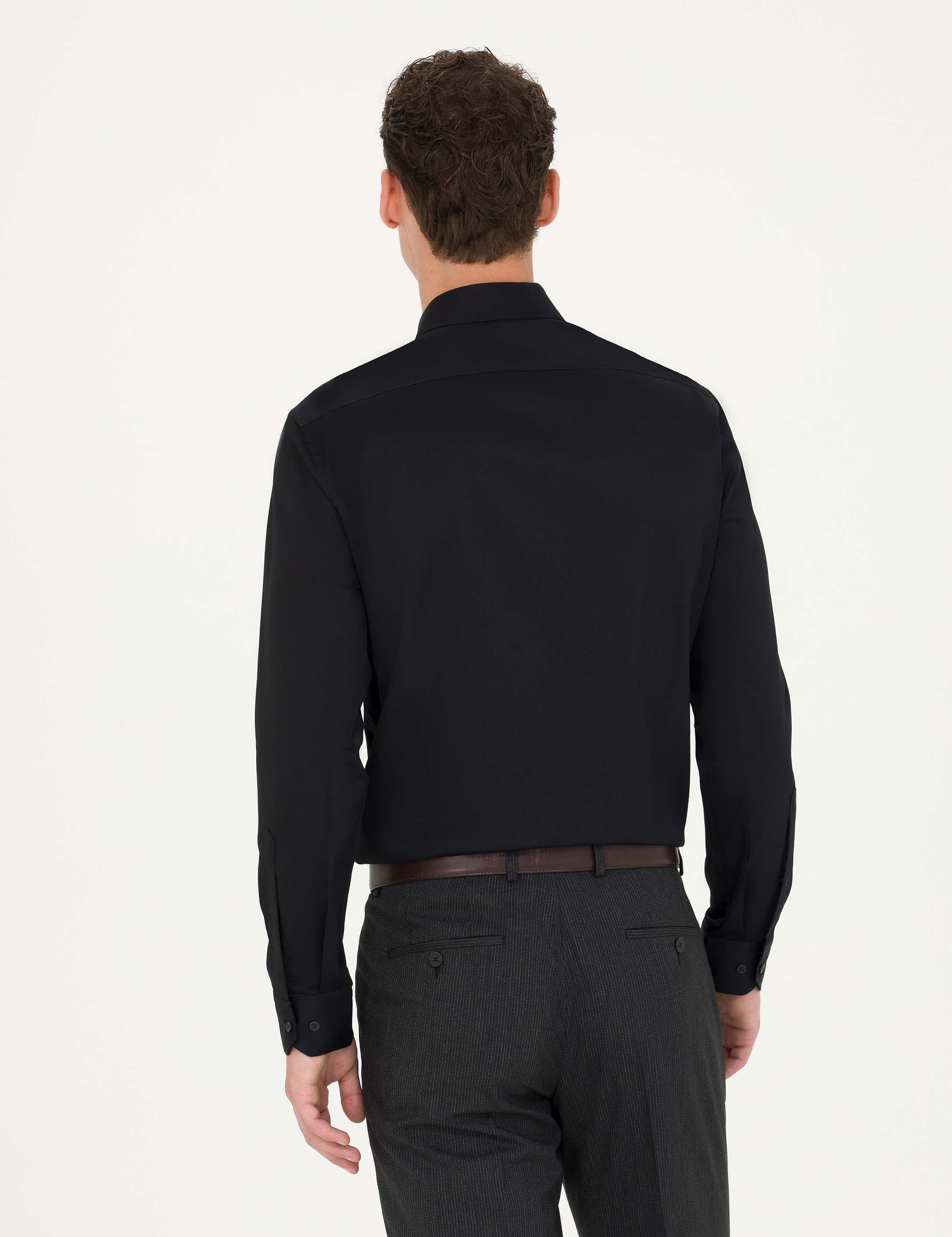 Pierre Cardin Siyah %100 Pamuk Parlak Saten Slim Fit Uzun Kollu Basic Gömlek görsel 5