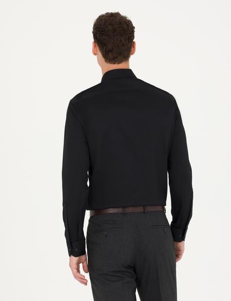 Siyah Parlak Saten Slim Fit Uzun Kollu Basic Gömlek - 50277147026