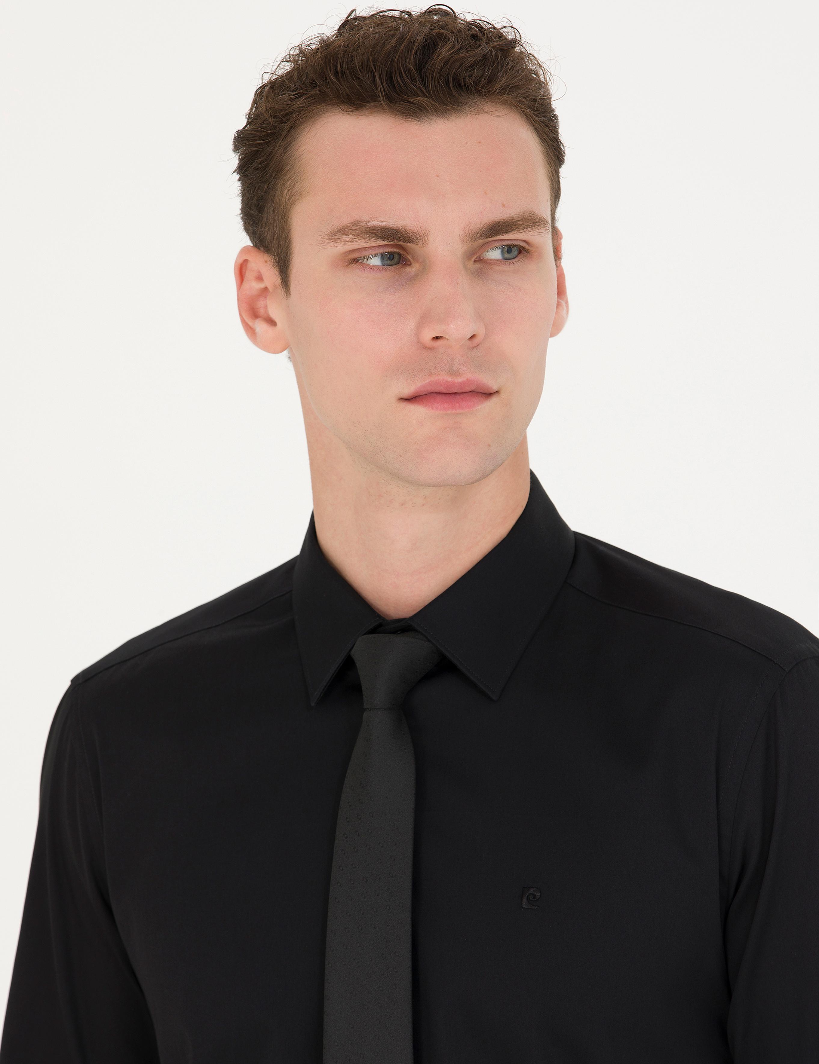 Siyah Parlak Saten Slim Fit Uzun Kollu Basic Gömlek