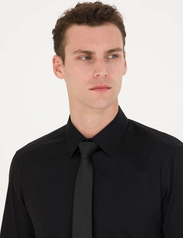 Siyah %100 Pamuk Parlak Saten Slim Fit Uzun Kollu Basic Gömlek
