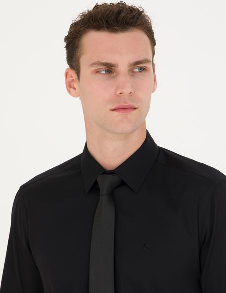 Siyah Parlak Saten Slim Fit Uzun Kollu Basic Gömlek - 50277147026