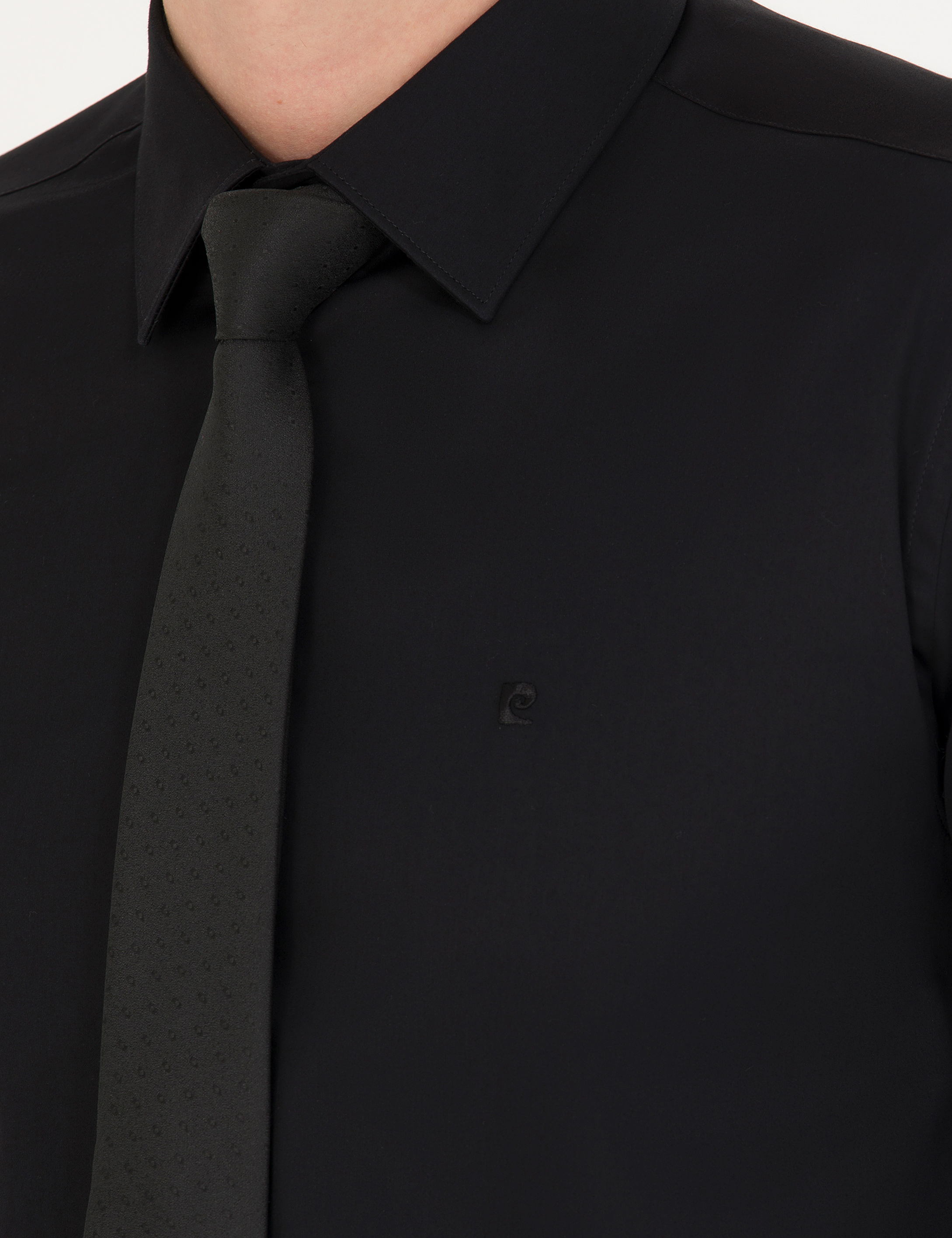 Pierre Cardin Siyah %100 Pamuk Parlak Saten Slim Fit Uzun Kollu Basic Gömlek görsel 7