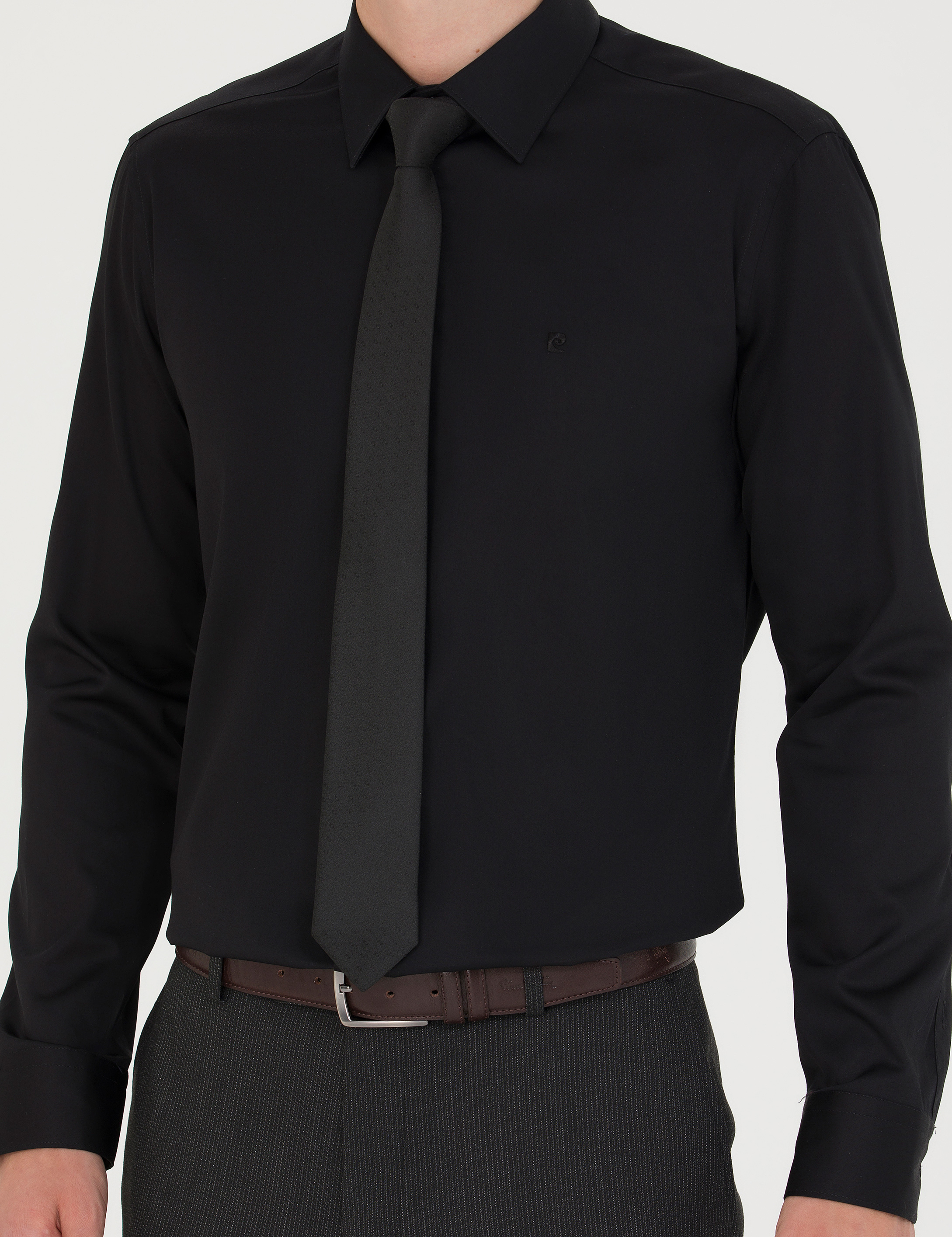 Pierre Cardin Siyah %100 Pamuk Parlak Saten Slim Fit Uzun Kollu Basic Gömlek görsel 6