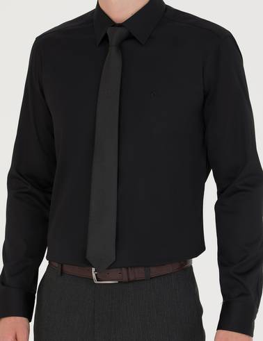 Siyah %100 Pamuk Parlak Saten Slim Fit Uzun Kollu Basic Gömlek