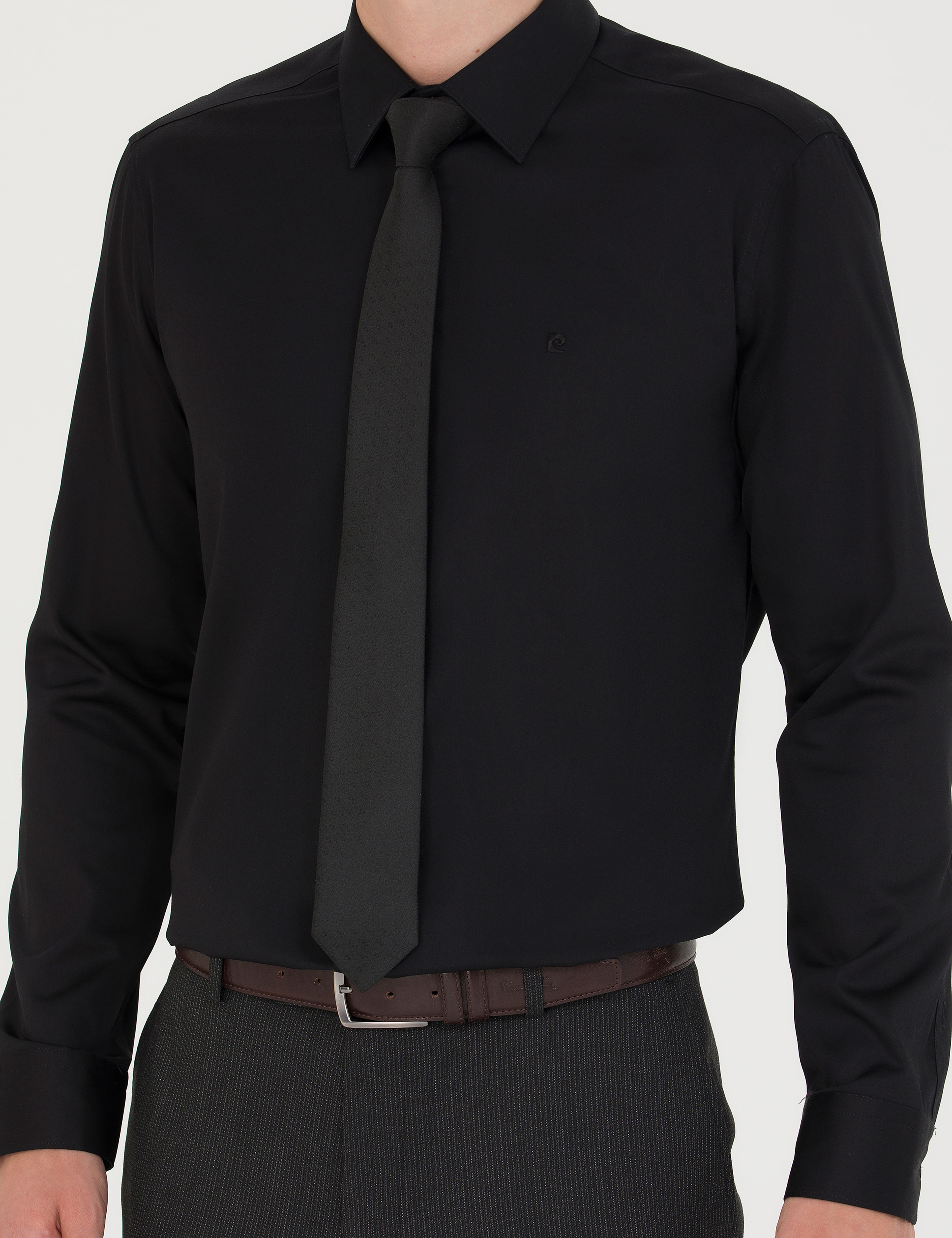 Siyah %100 Pamuk Parlak Saten Slim Fit Uzun Kollu Basic Gömlek - Image 6