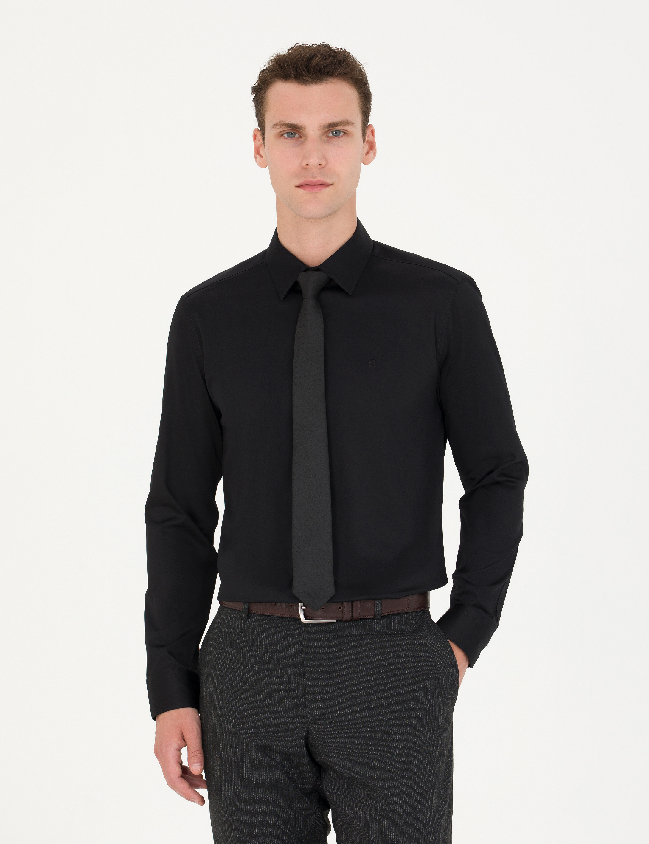 Pierre Cardin Siyah %100 Pamuk Parlak Saten Slim Fit Uzun Kollu Basic Gömlek görsel 3