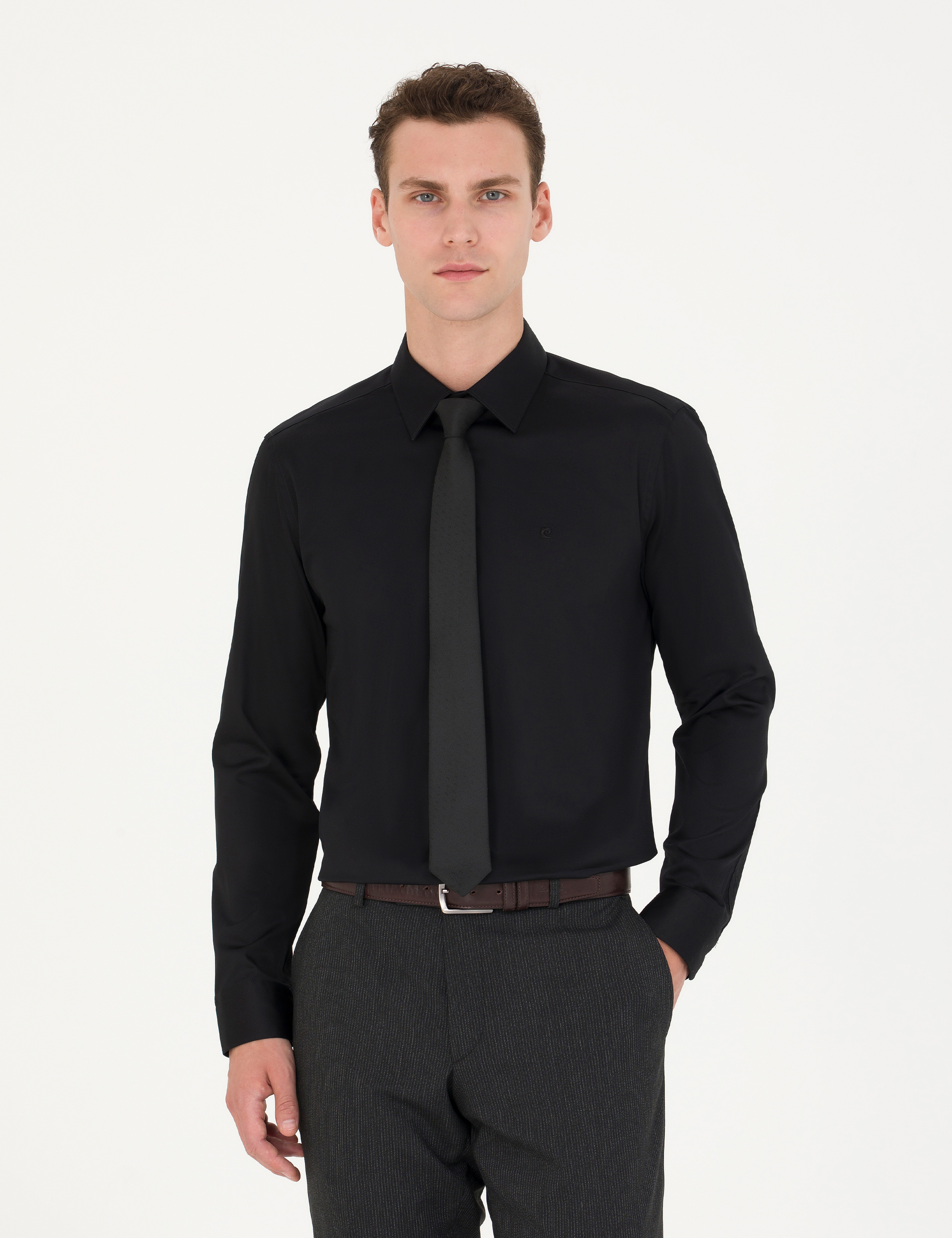 Siyah %100 Pamuk Parlak Saten Slim Fit Uzun Kollu Basic Gömlek - Image 3