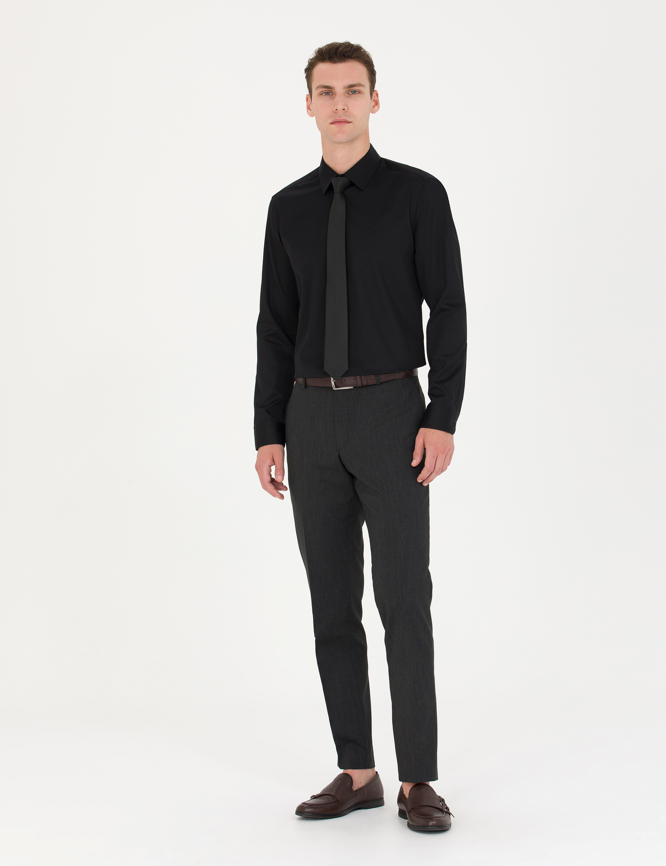 Pierre Cardin Siyah %100 Pamuk Parlak Saten Slim Fit Uzun Kollu Basic Gömlek görsel 4