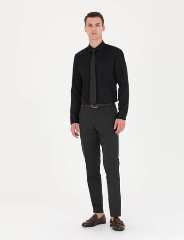Siyah %100 Pamuk Parlak Saten Slim Fit Uzun Kollu Basic Gömlek