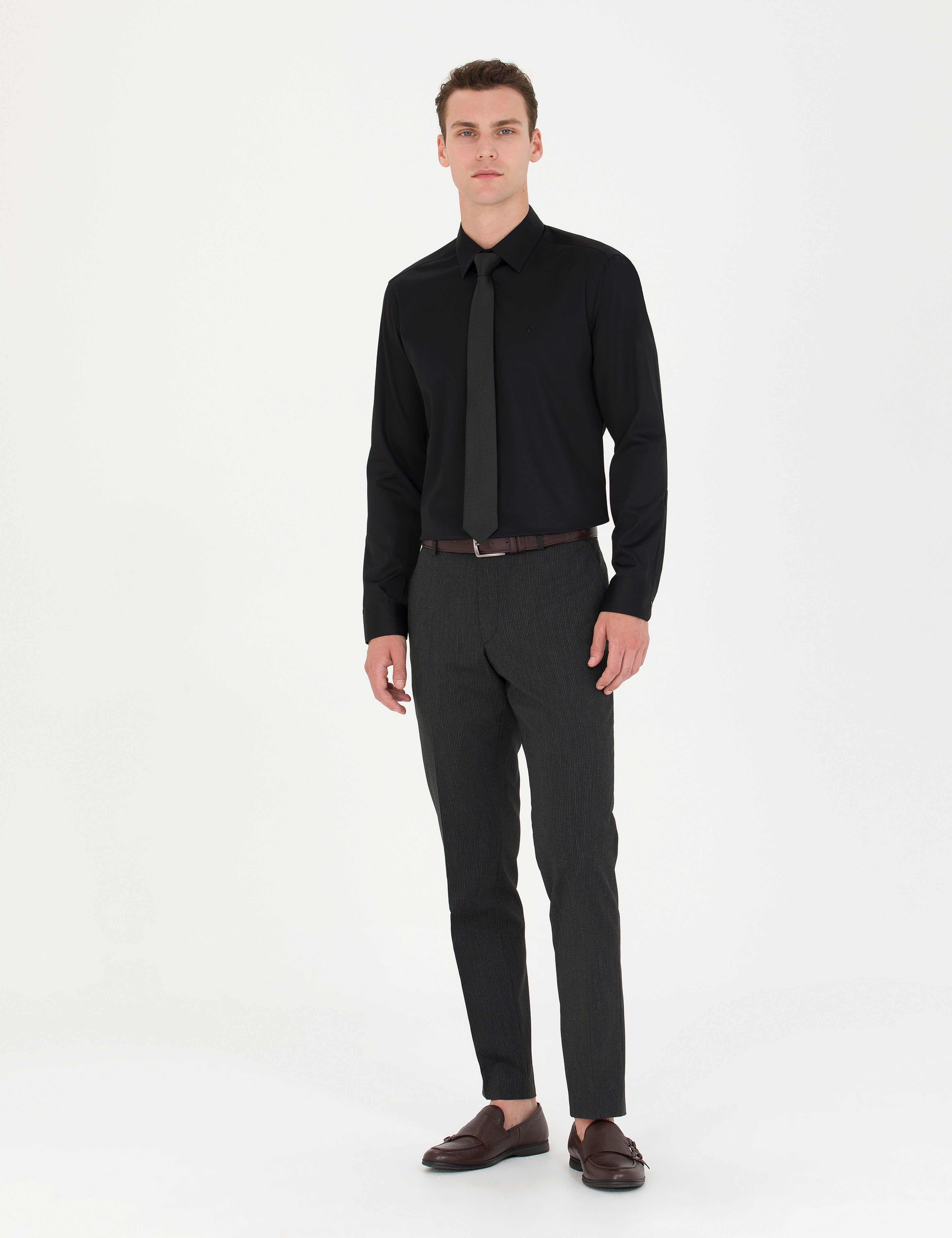 Siyah %100 Pamuk Parlak Saten Slim Fit Uzun Kollu Basic Gömlek - Image 4