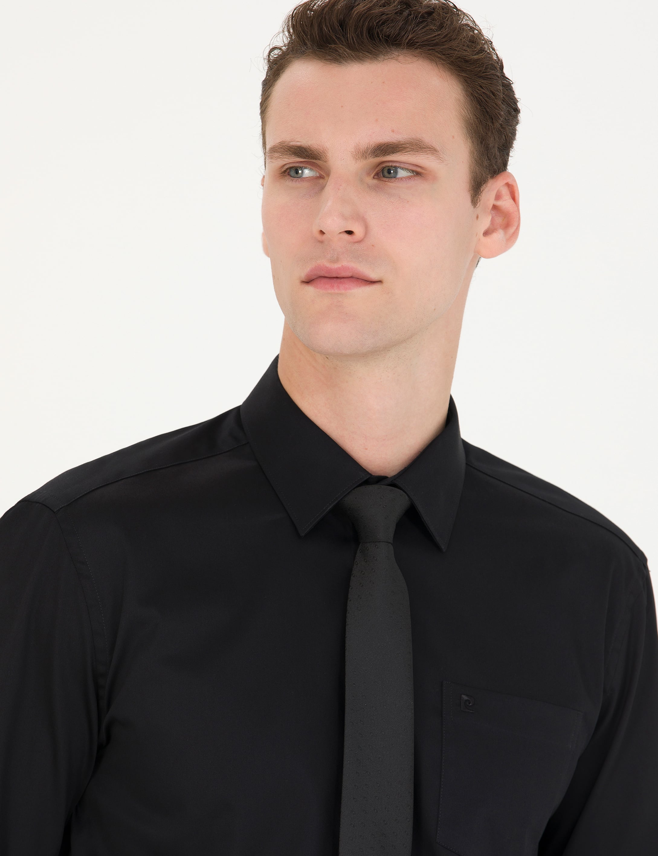 Pierre Cardin Siyah %100 Pamuk Parlak Saten Regular Fit Uzun Kollu Basic Gömlek görsel 2