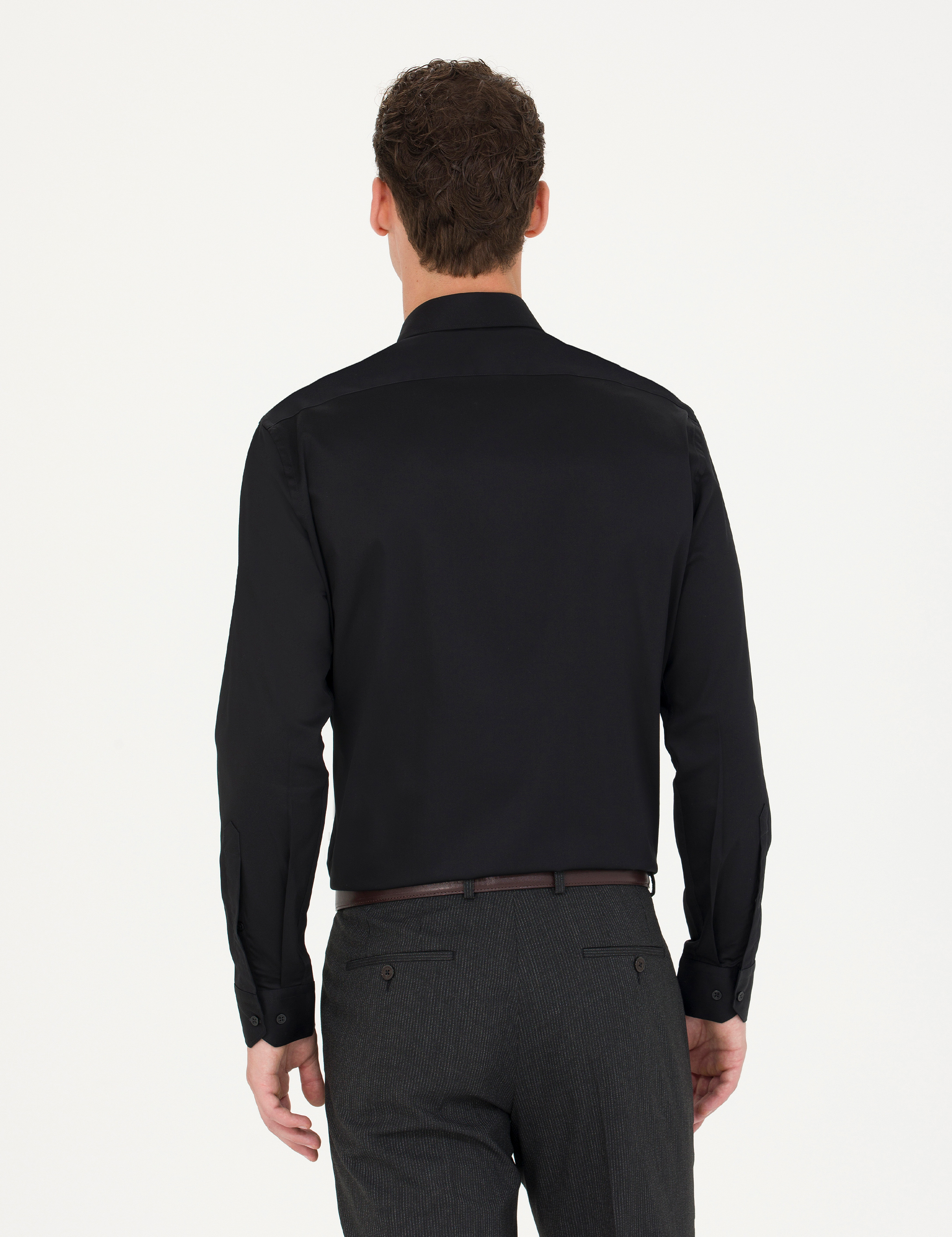 Pierre Cardin Siyah %100 Pamuk Parlak Saten Regular Fit Uzun Kollu Basic Gömlek görsel 5