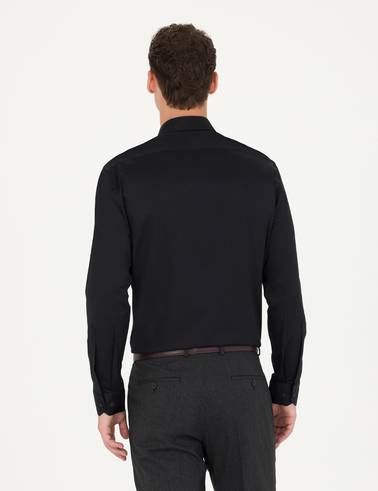 Siyah %100 Pamuk Parlak Saten Regular Fit Uzun Kollu Basic Gömlek