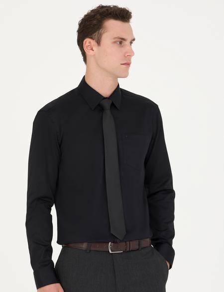 Siyah Parlak Saten Regular Fit Uzun Kollu Basic Gömlek - 50277146025
