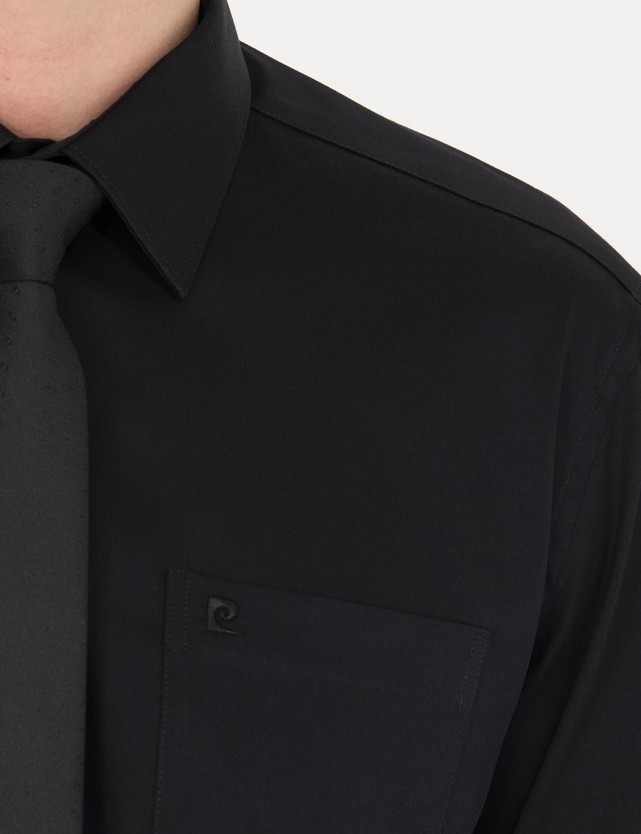 Siyah Parlak Saten Regular Fit Uzun Kollu Basic Gömlek