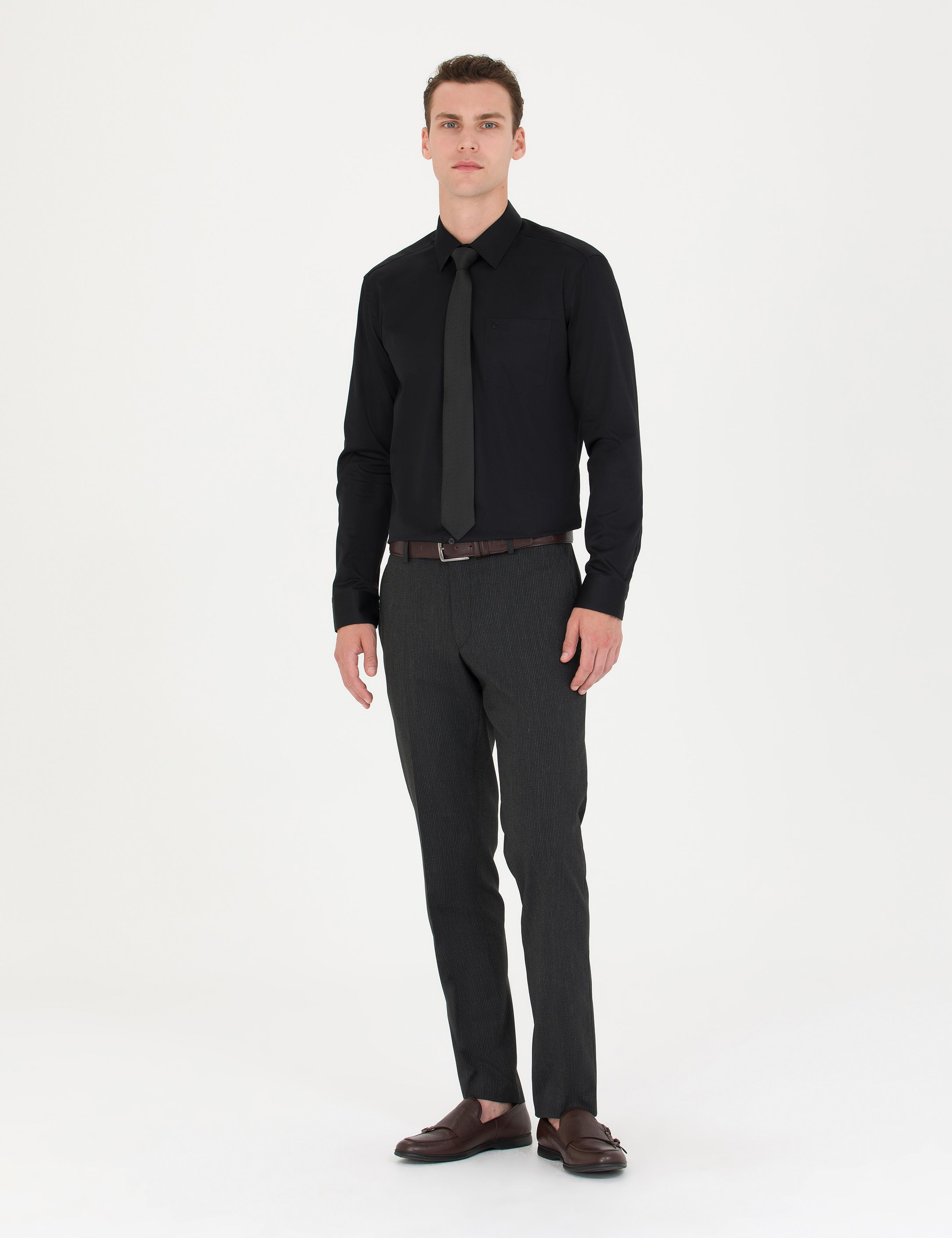 Siyah Parlak Saten Regular Fit Uzun Kollu Basic Gömlek