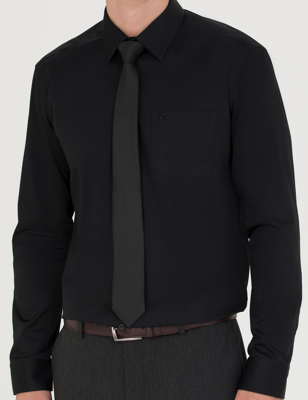 Siyah Parlak Saten Regular Fit Uzun Kollu Basic Gömlek - 50277146025