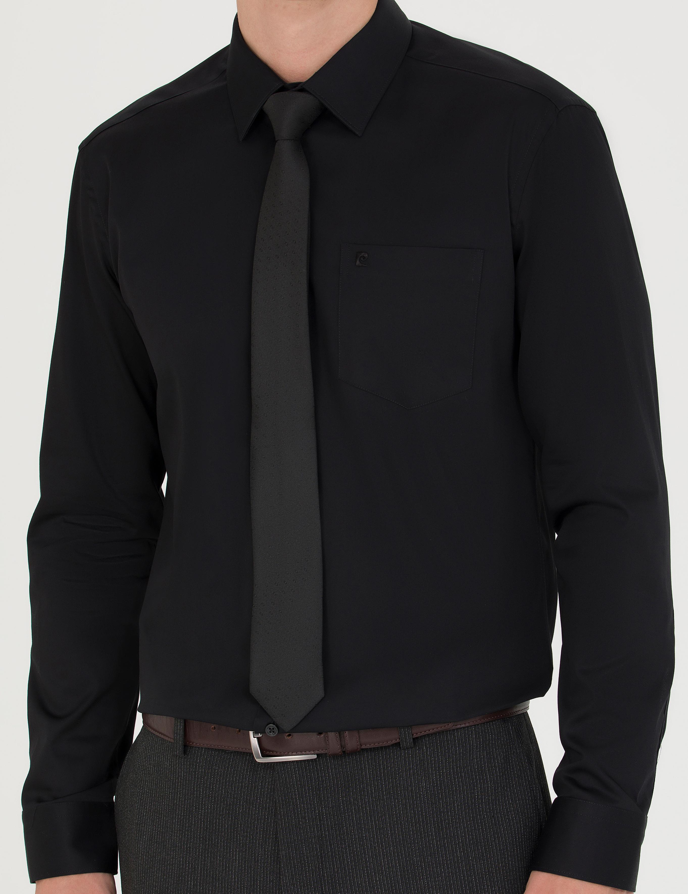 Siyah Parlak Saten Regular Fit Uzun Kollu Basic Gömlek