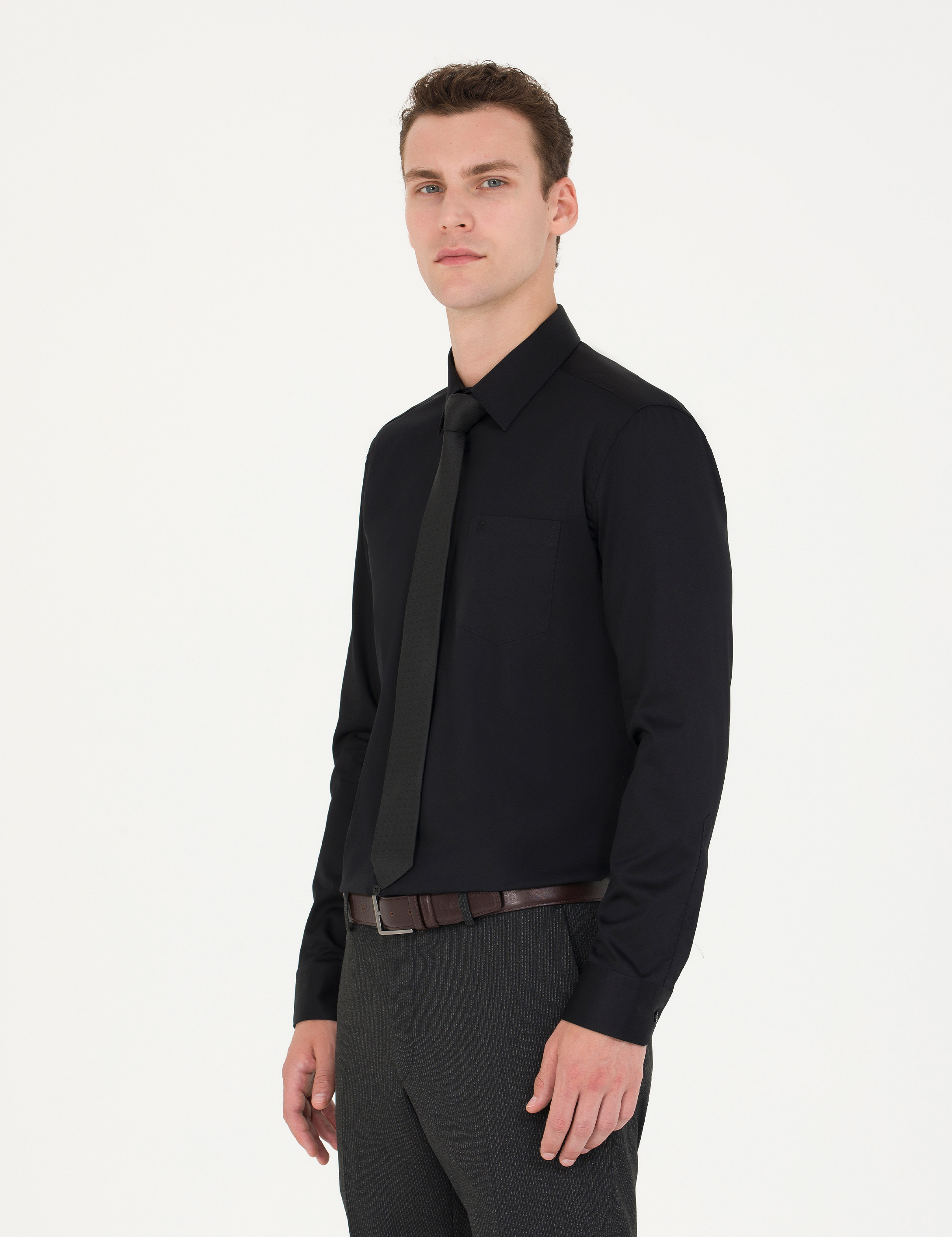 Pierre Cardin Siyah %100 Pamuk Parlak Saten Regular Fit Uzun Kollu Basic Gömlek görsel 3