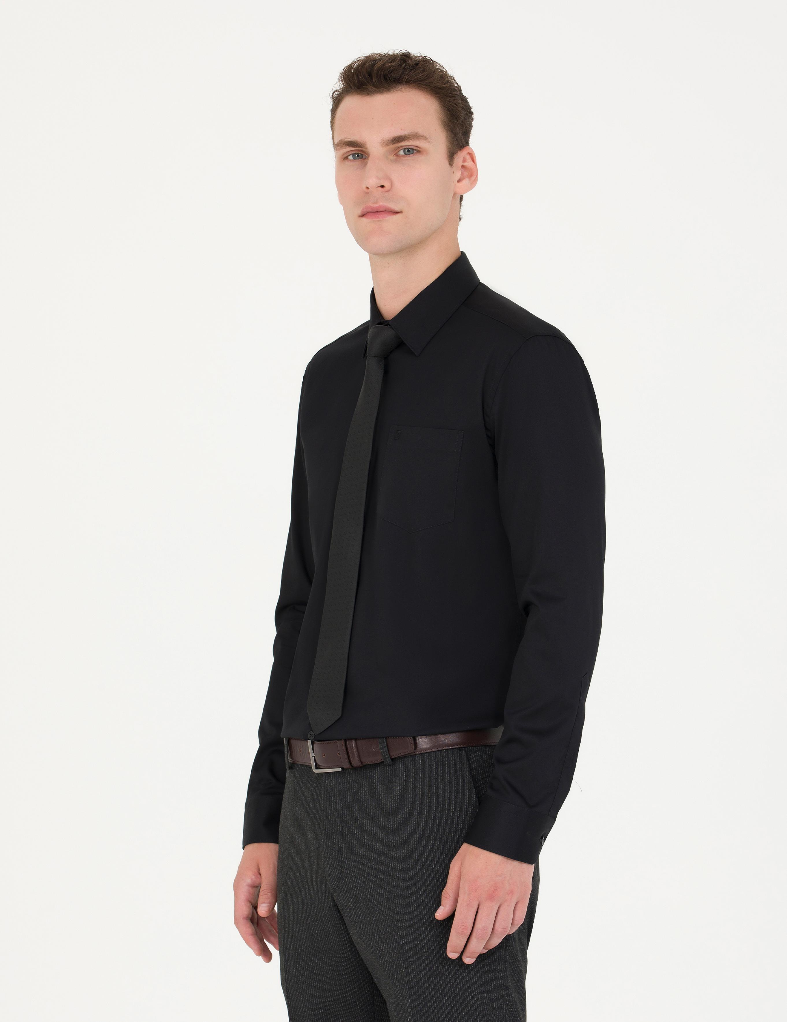 Siyah Parlak Saten Regular Fit Uzun Kollu Basic Gömlek