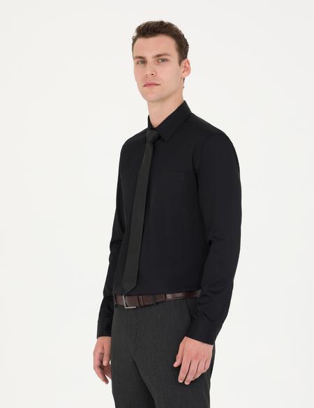 Siyah Parlak Saten Regular Fit Uzun Kollu Basic Gömlek - 50277146025