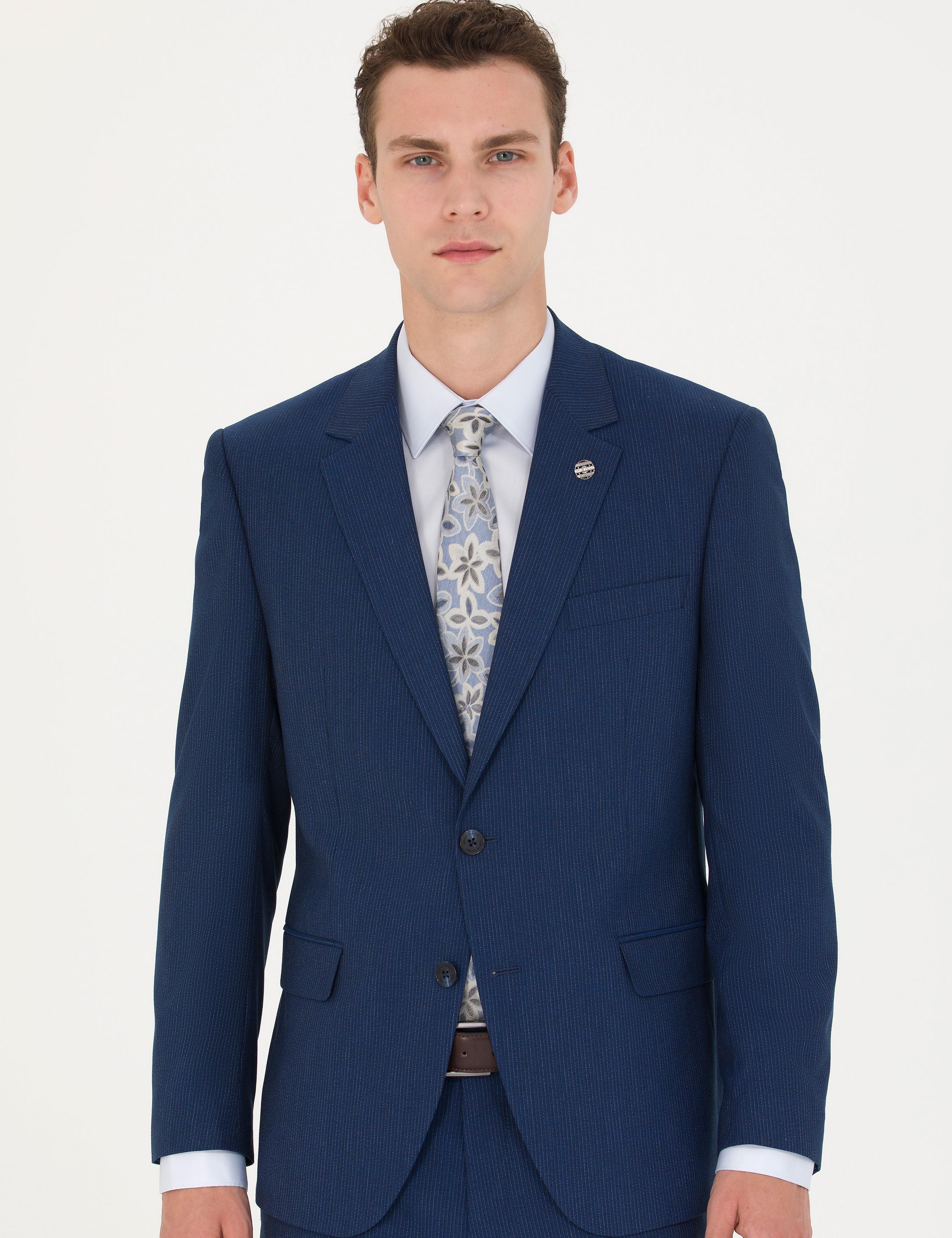 İndigo Çizgi Detaylı Takım Elbise