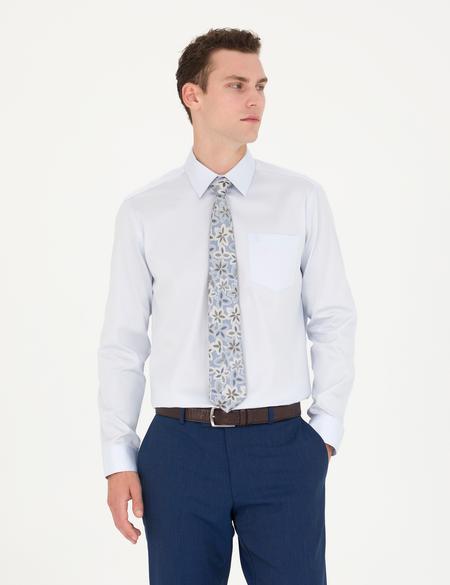 Açık Mavi Parlak Saten Regular Fit Uzun Kollu Basic Gömlek - 50277146001