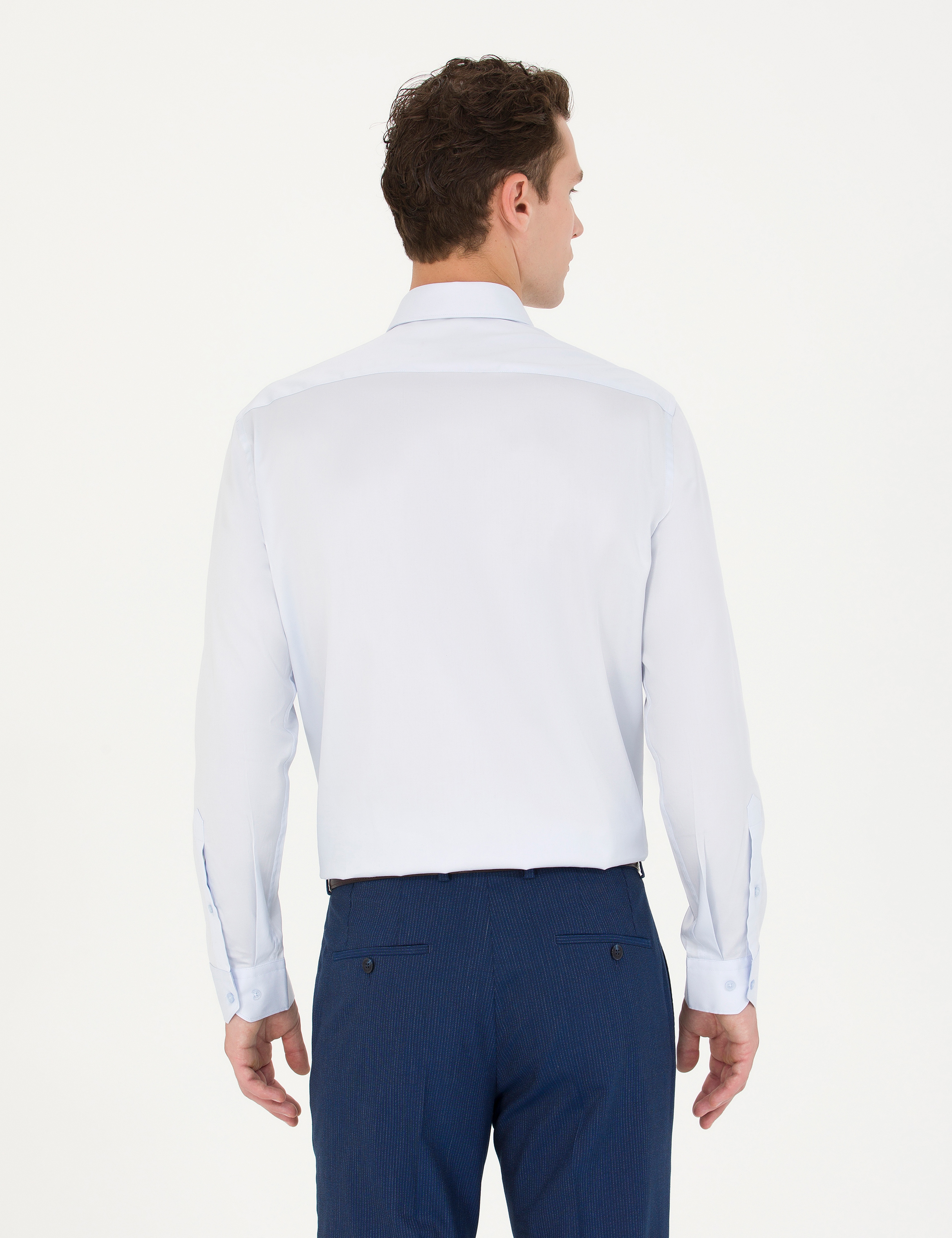 Açık Mavi %100 Pamuk Parlak Saten Regular Fit Uzun Kollu Basic Gömlek - Image 5
