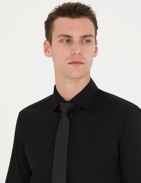 Siyah Likralı Kolay Ütülenebilir Ex. Slim Fit Basic Gömlek - 50268186014