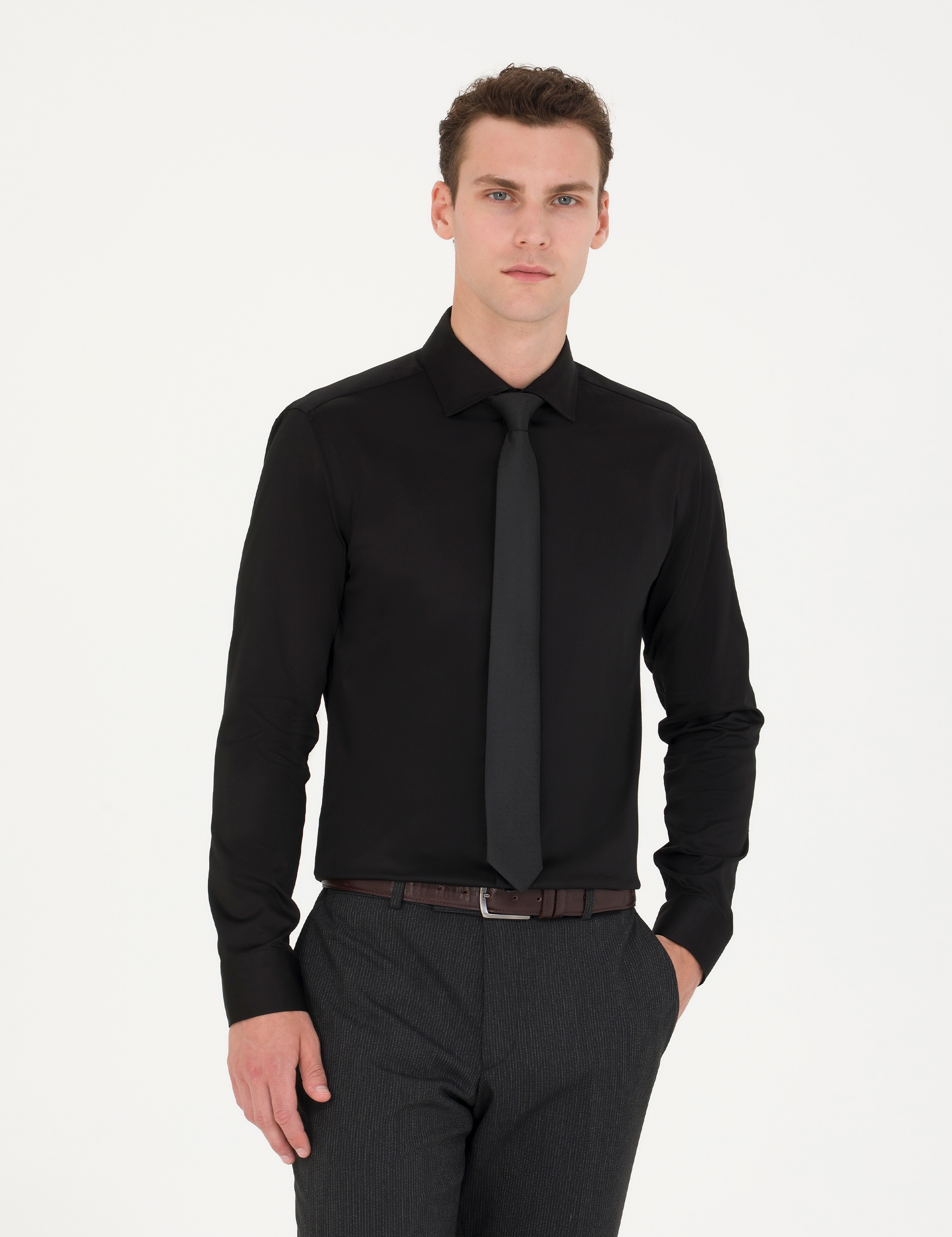 Siyah Likralı Kolay Ütülenebilir Ex. Slim Fit Basic Gömlek - Image 3