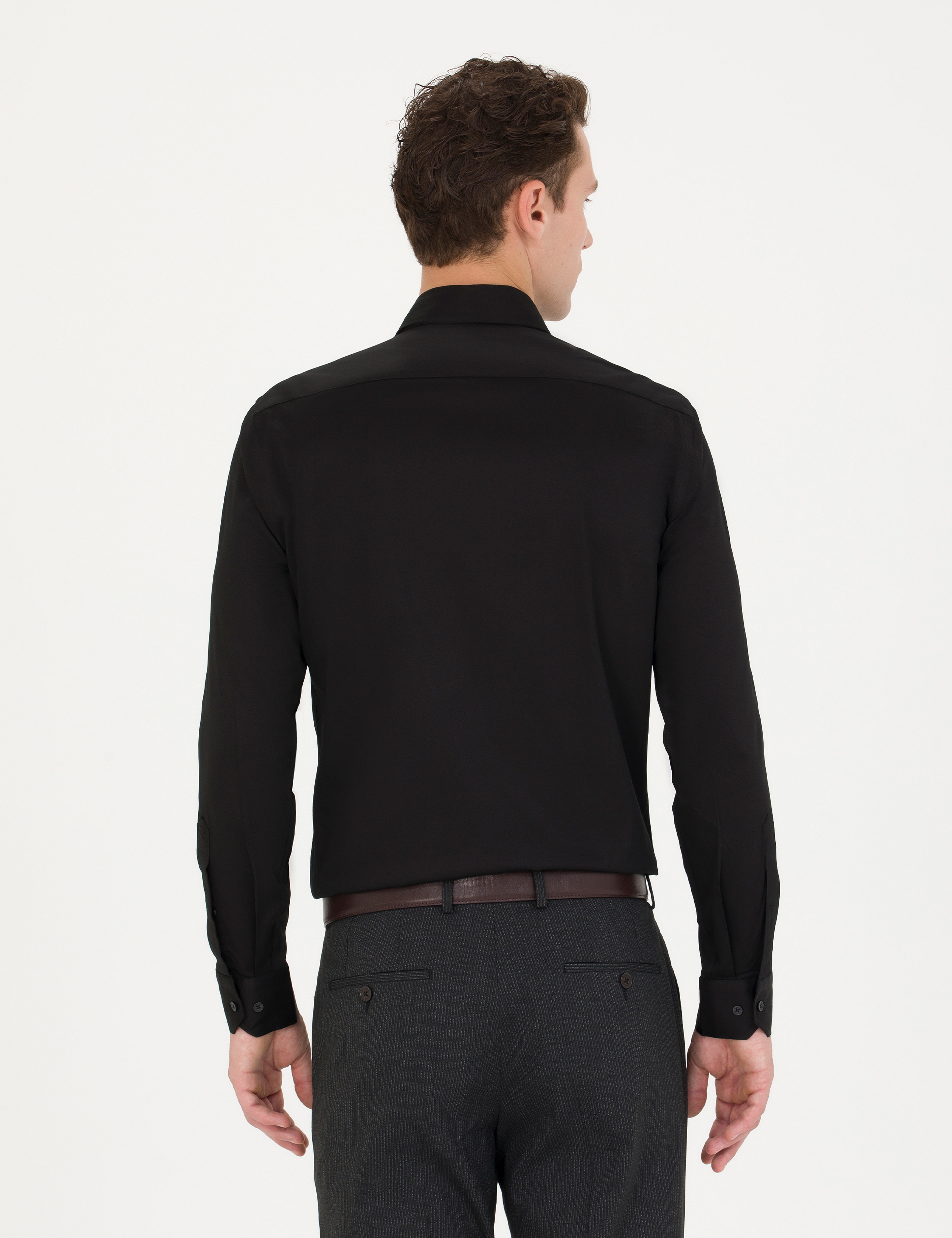 Siyah Likralı Kolay Ütülenebilir Ex. Slim Fit Basic Gömlek - Image 5