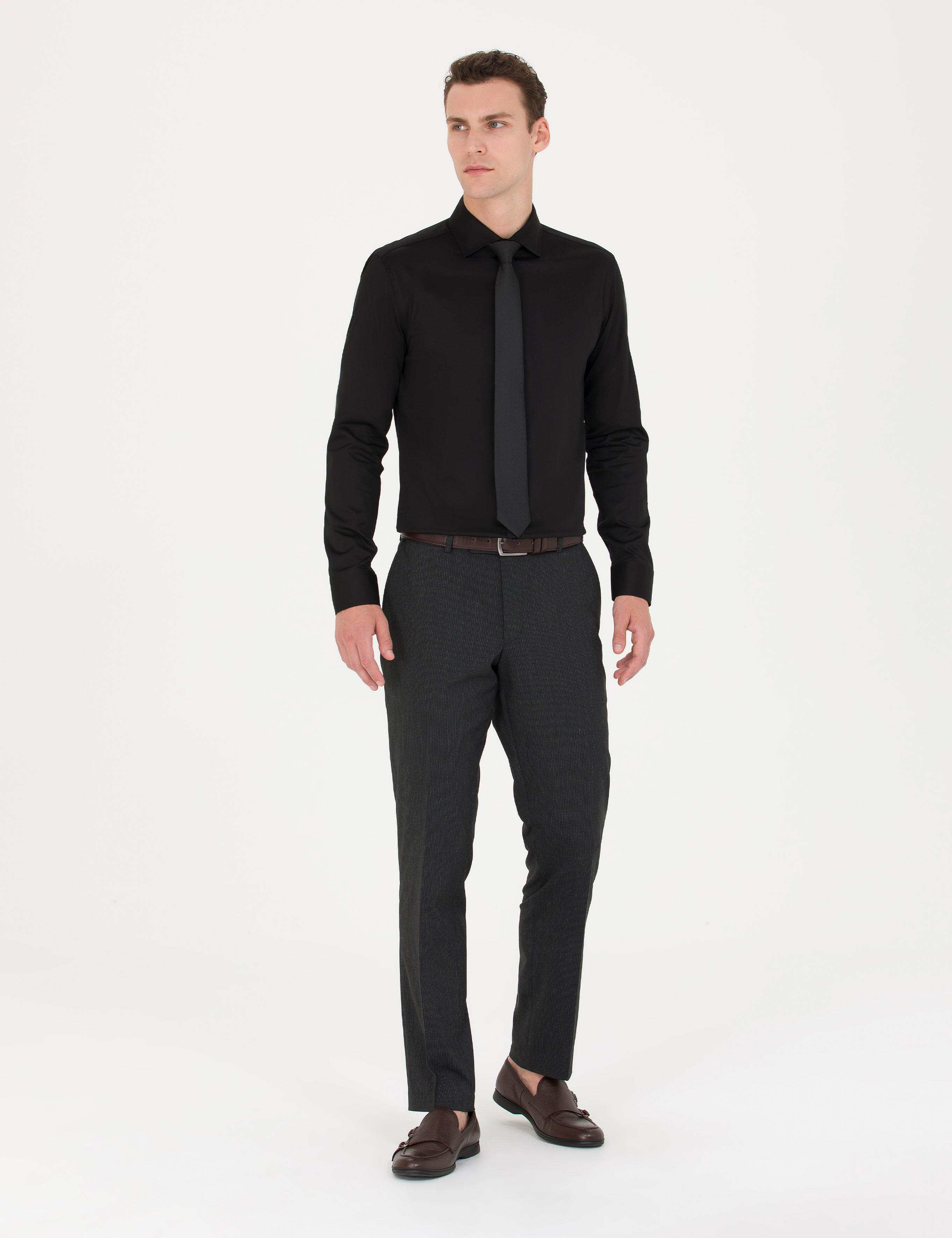 Siyah Likralı Kolay Ütülenebilir Ex. Slim Fit Basic Gömlek