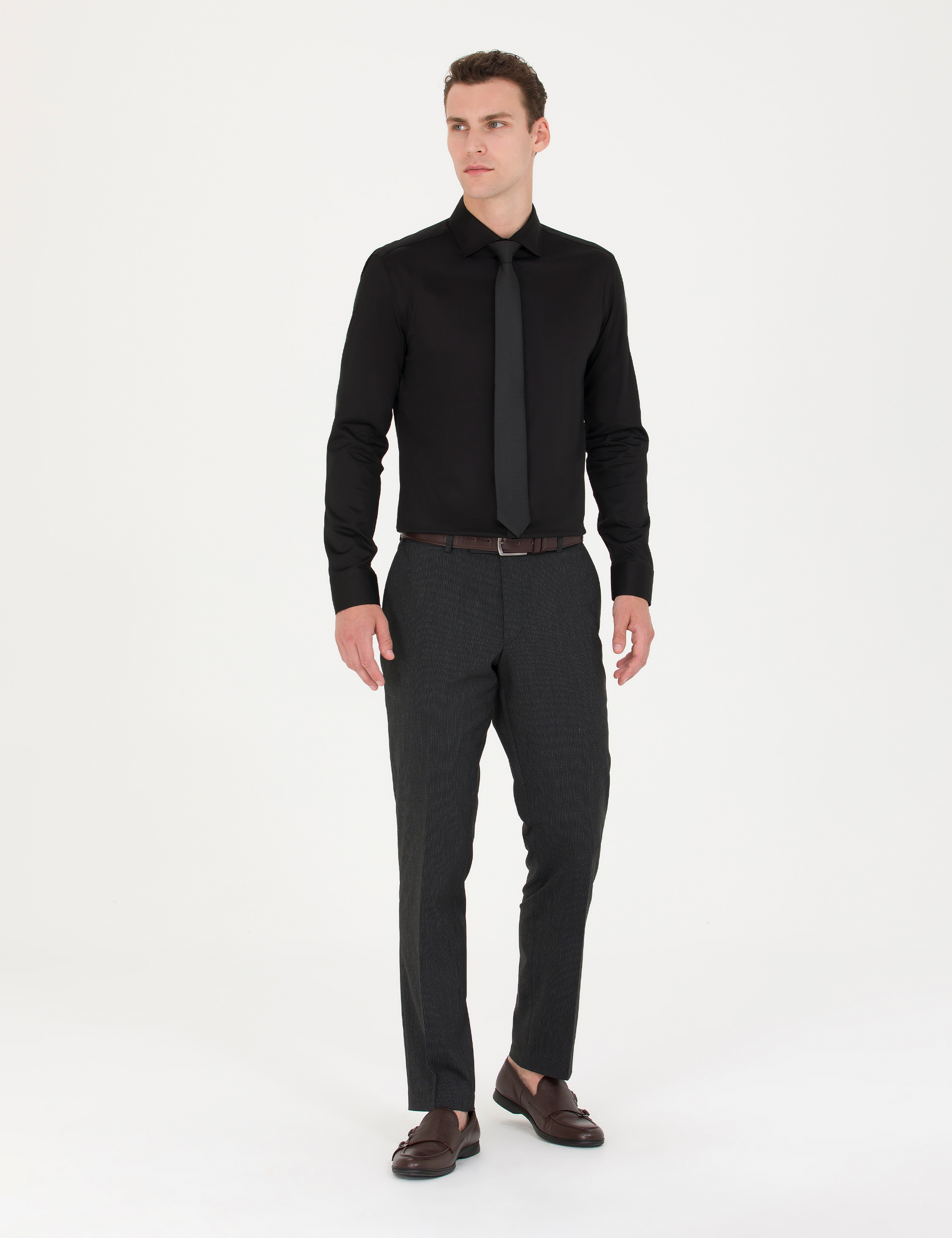 Siyah Likralı Kolay Ütülenebilir Ex. Slim Fit Basic Gömlek - Image 4