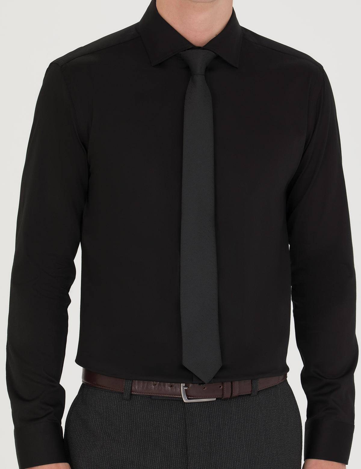 Siyah Likralı Kolay Ütülenebilir Ex. Slim Fit Basic Gömlek - 50268186014