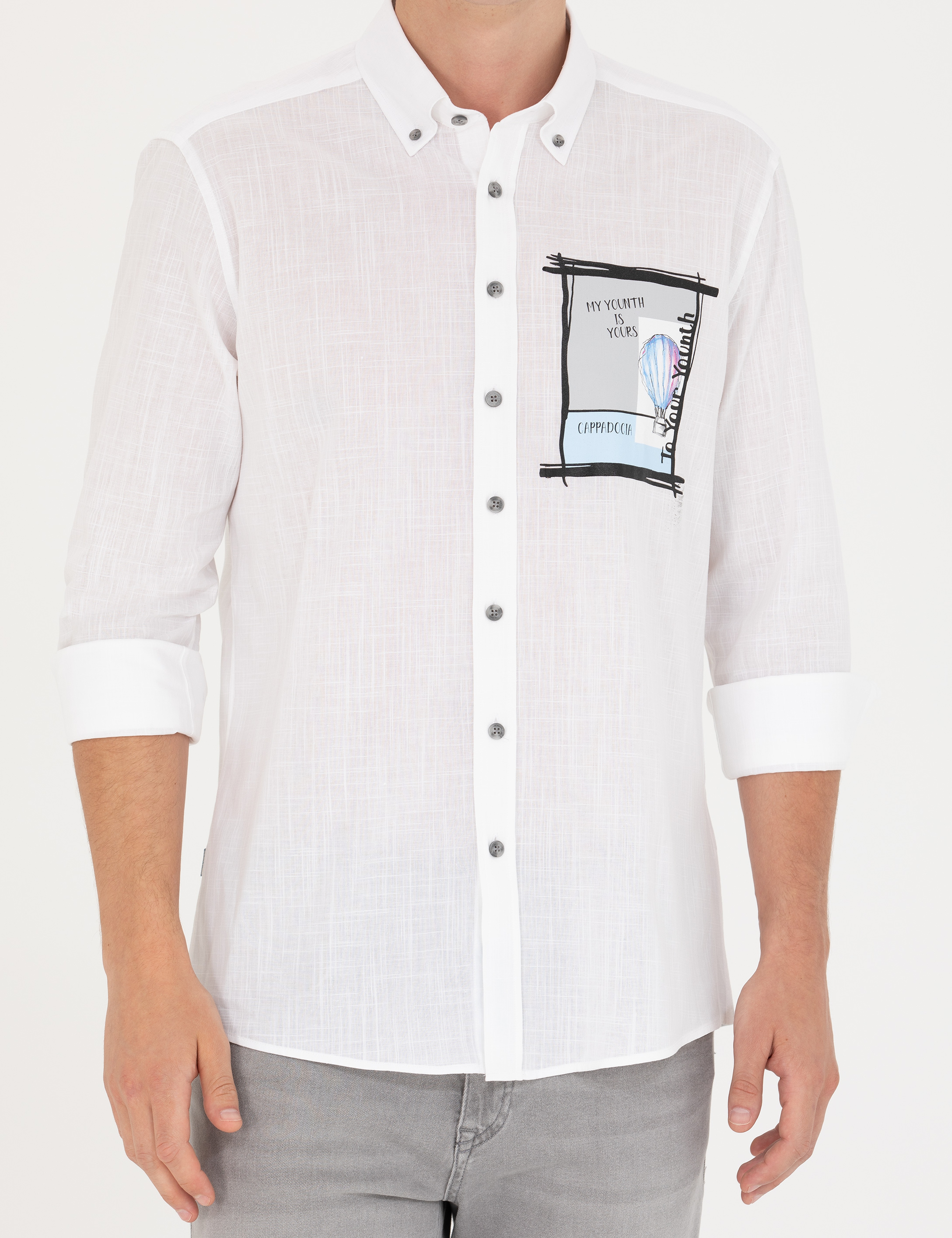 Beyaz Regular Fit Uzun Kollu Gömlek - Image 6
