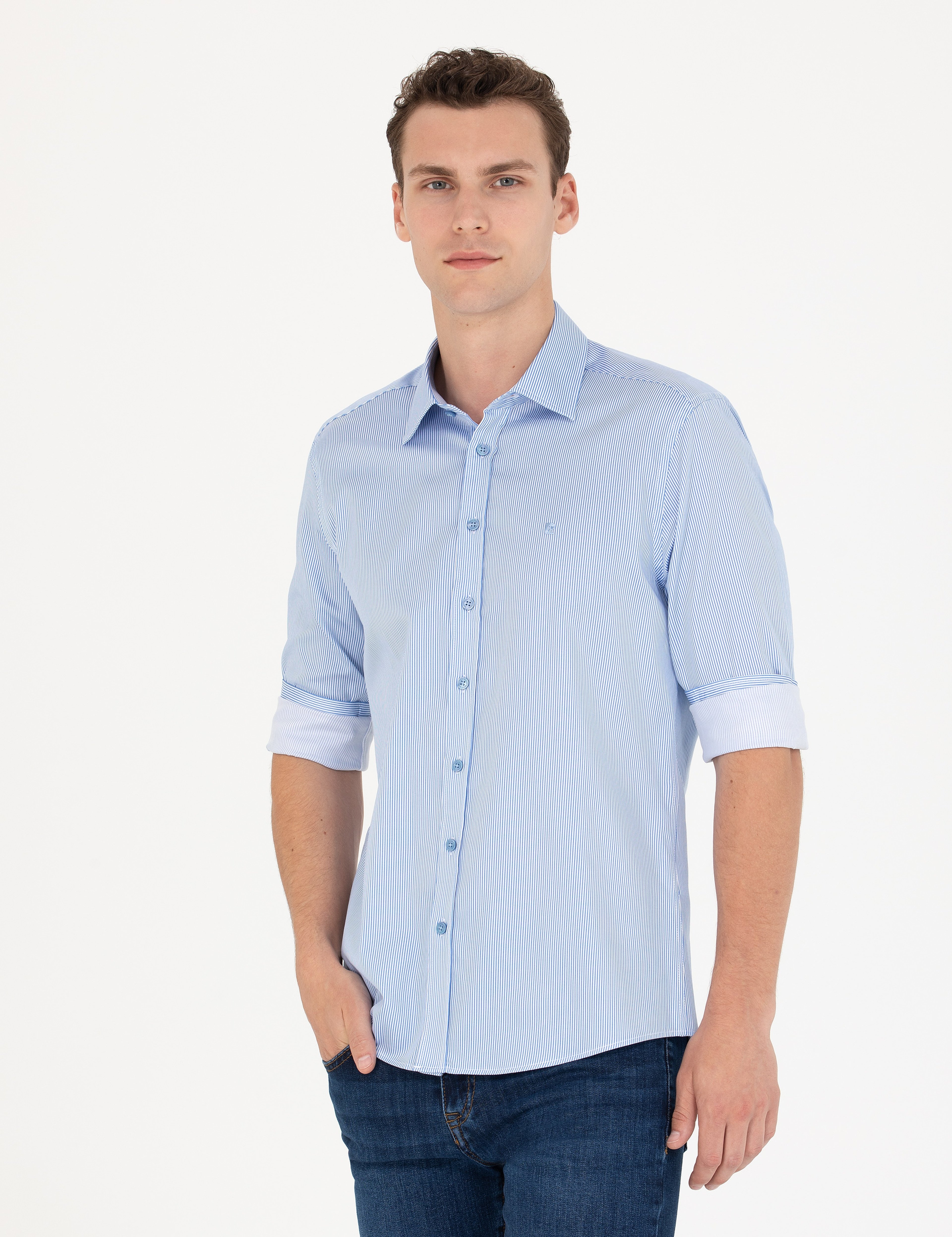 Mavi Slim Fit Uzun Kollu Gömlek - Image 2