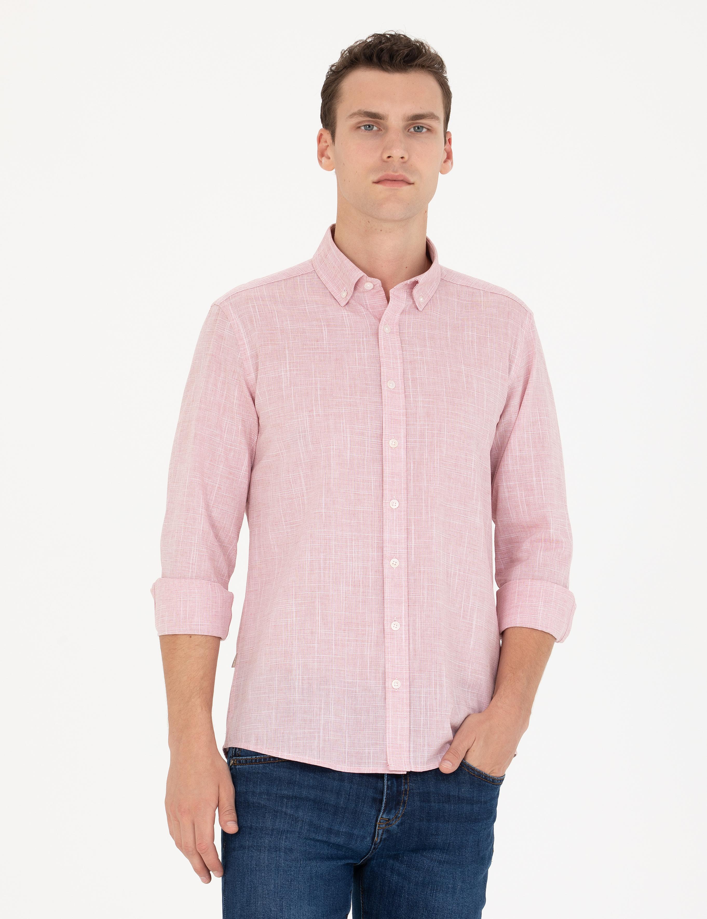 Pembe Slim Fit Keten Görünümlü Gömlek