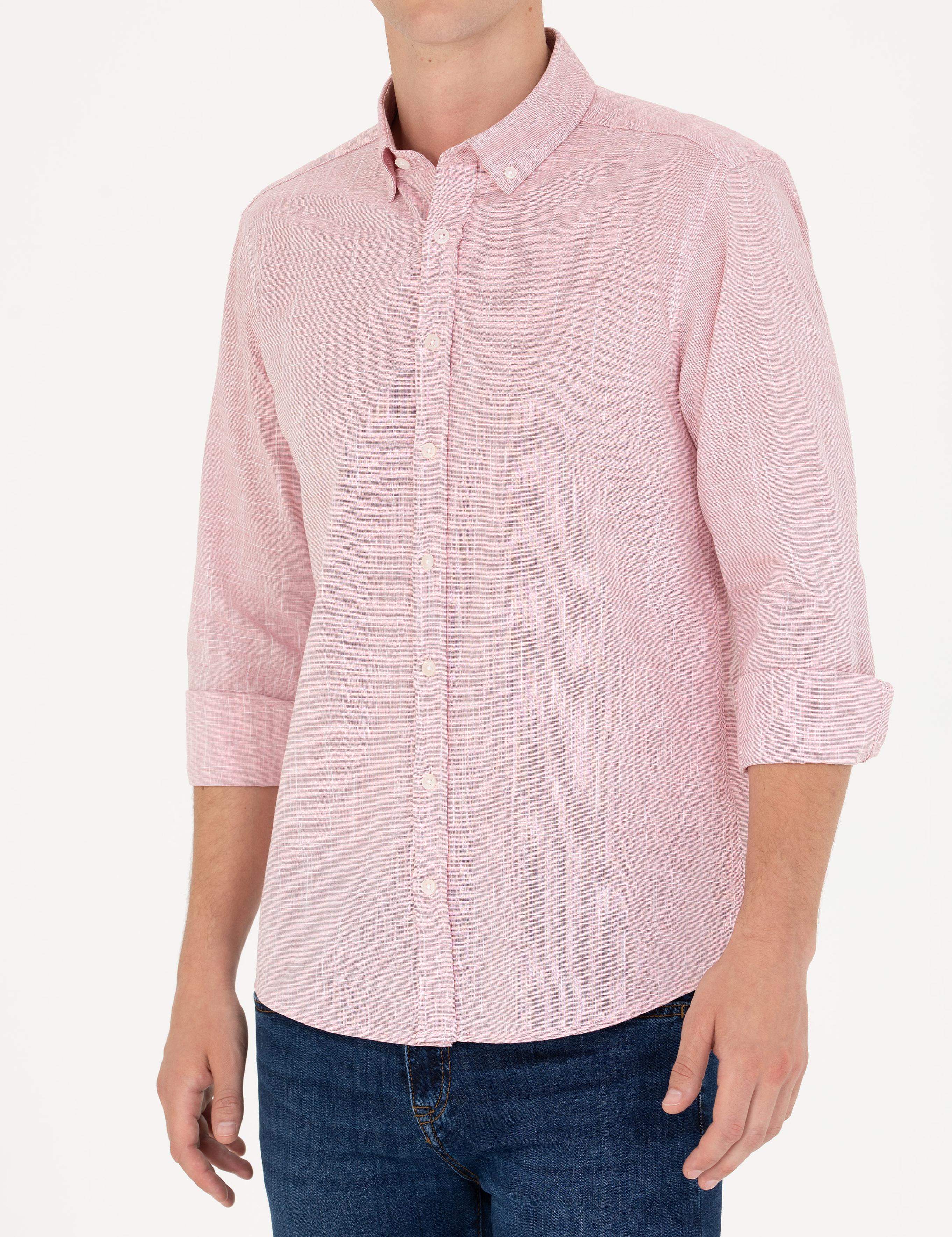 Pembe Slim Fit Keten Görünümlü Gömlek