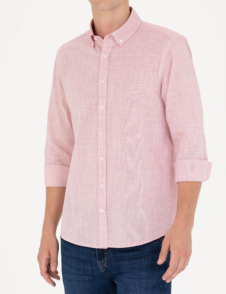 Pembe Slim Fit Keten Görünümlü Gömlek - 50272221015